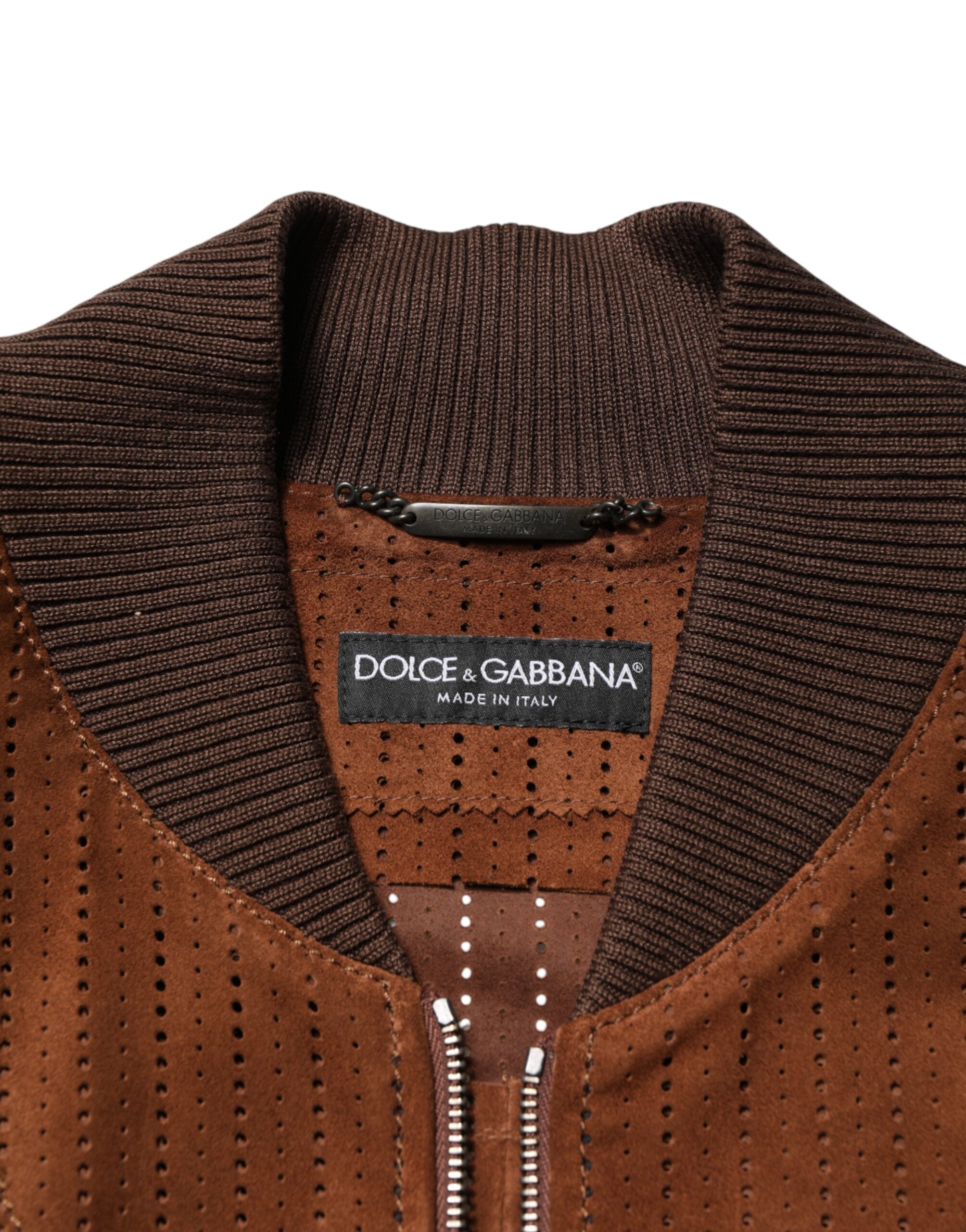 Dolce & Gabbana Braune Veloursleder-Kalbsleder-Bikerjacke mit durchgehendem Reißverschluss