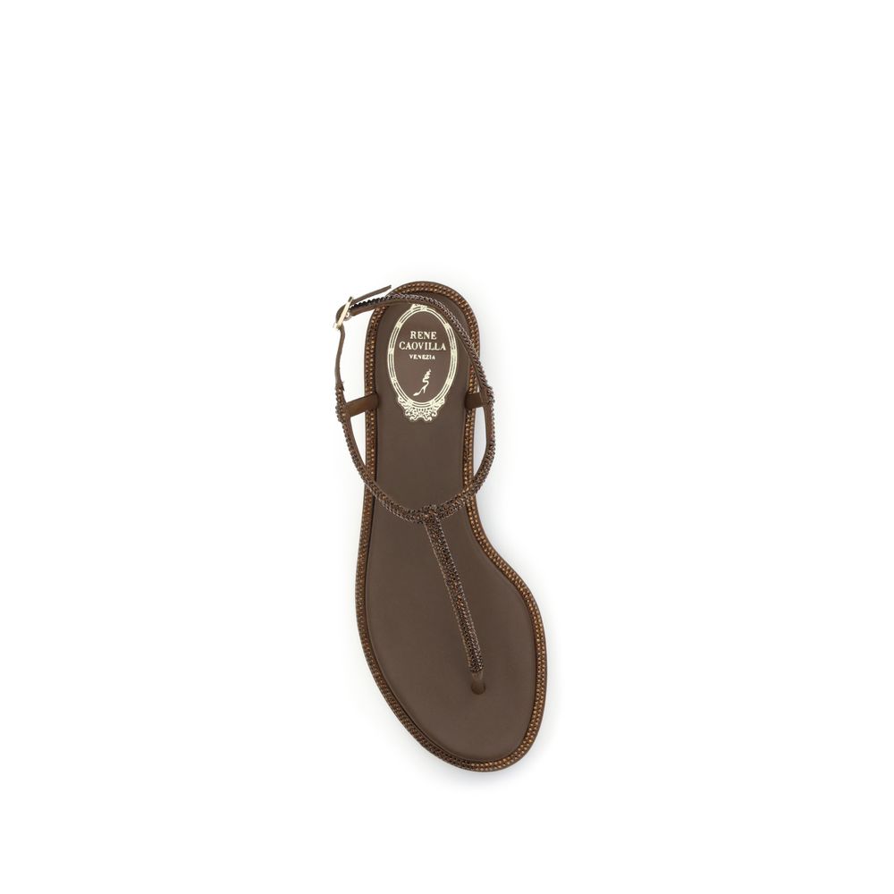 RENE CAOVILLA Braune Satin-Sandalen mit flachem Absatz