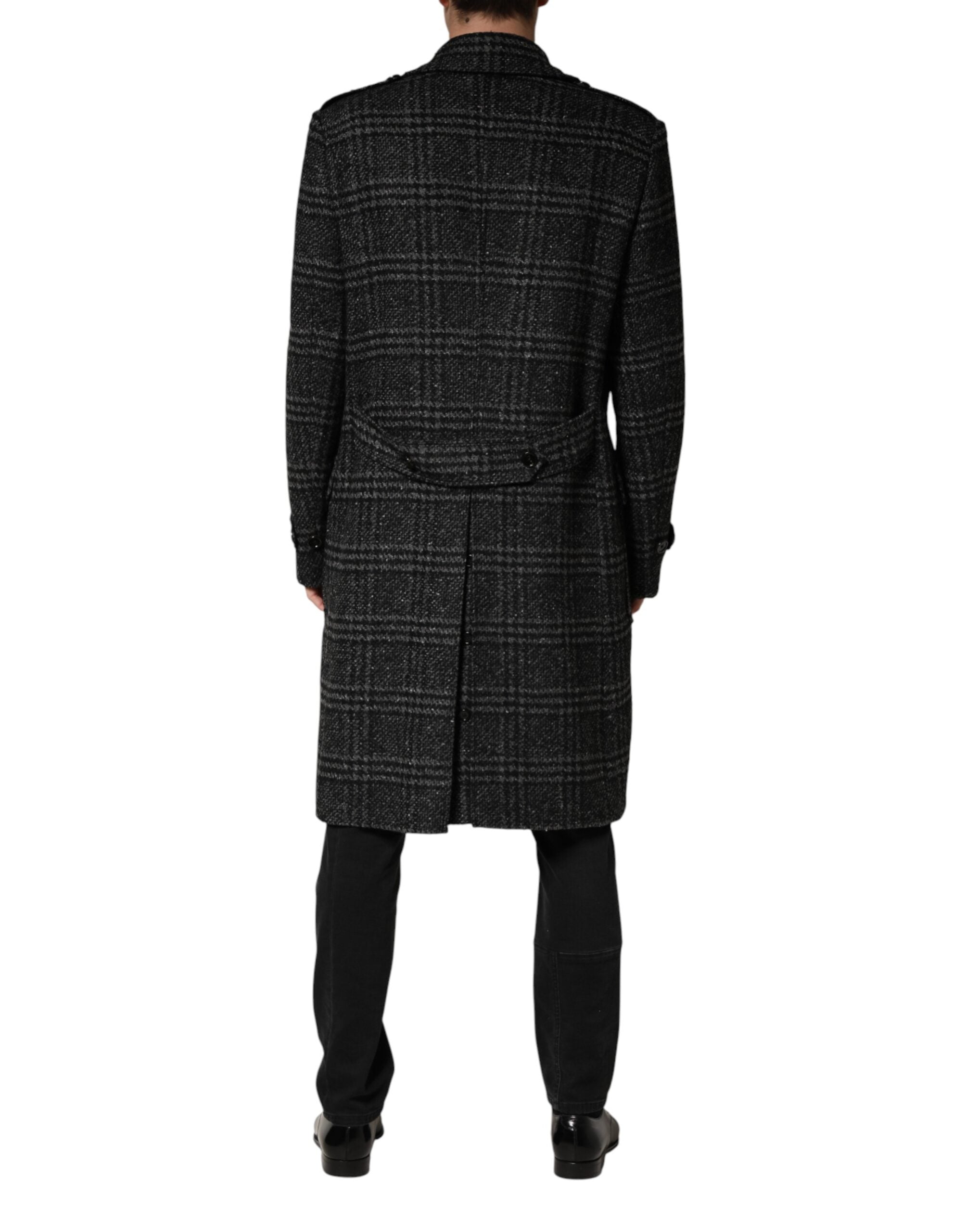 Dolce & Gabbana Grauer Zweireihiger Wollmantel mit Karomuster
