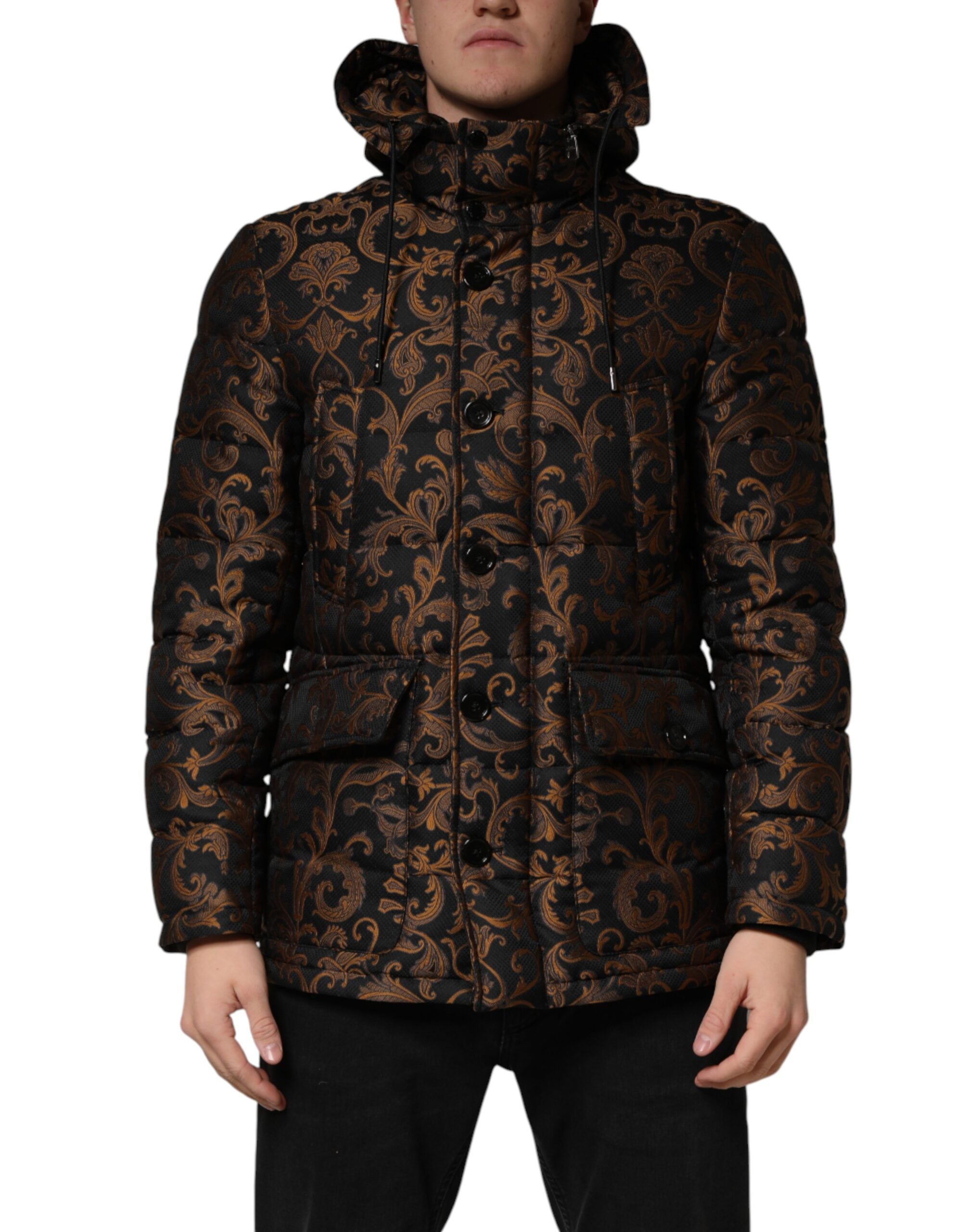 Dolce & Gabbana Schwarze Kapuzenjacke aus floralem Jacquard mit Steppung