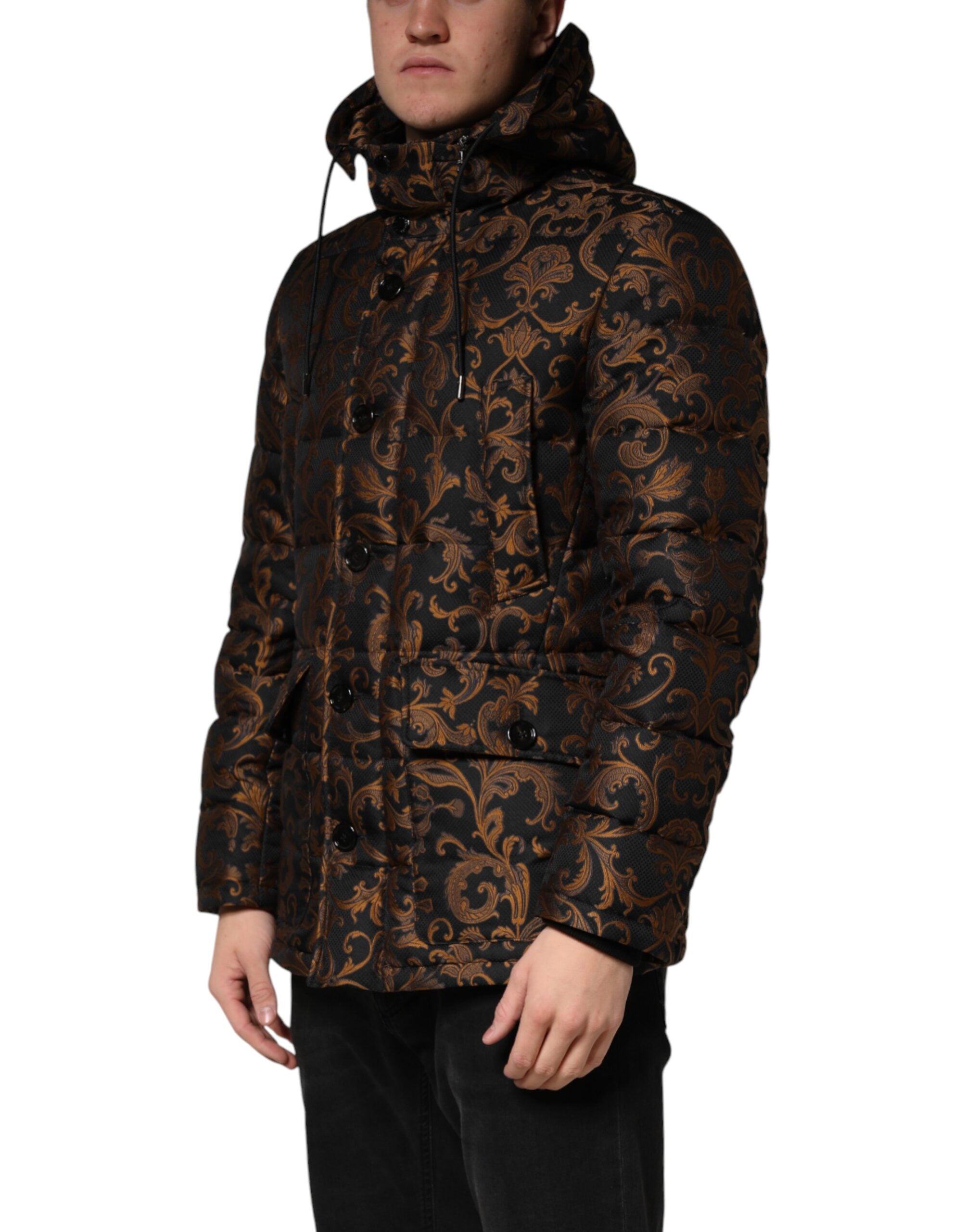 Dolce & Gabbana Schwarze Kapuzenjacke aus floralem Jacquard mit Steppung