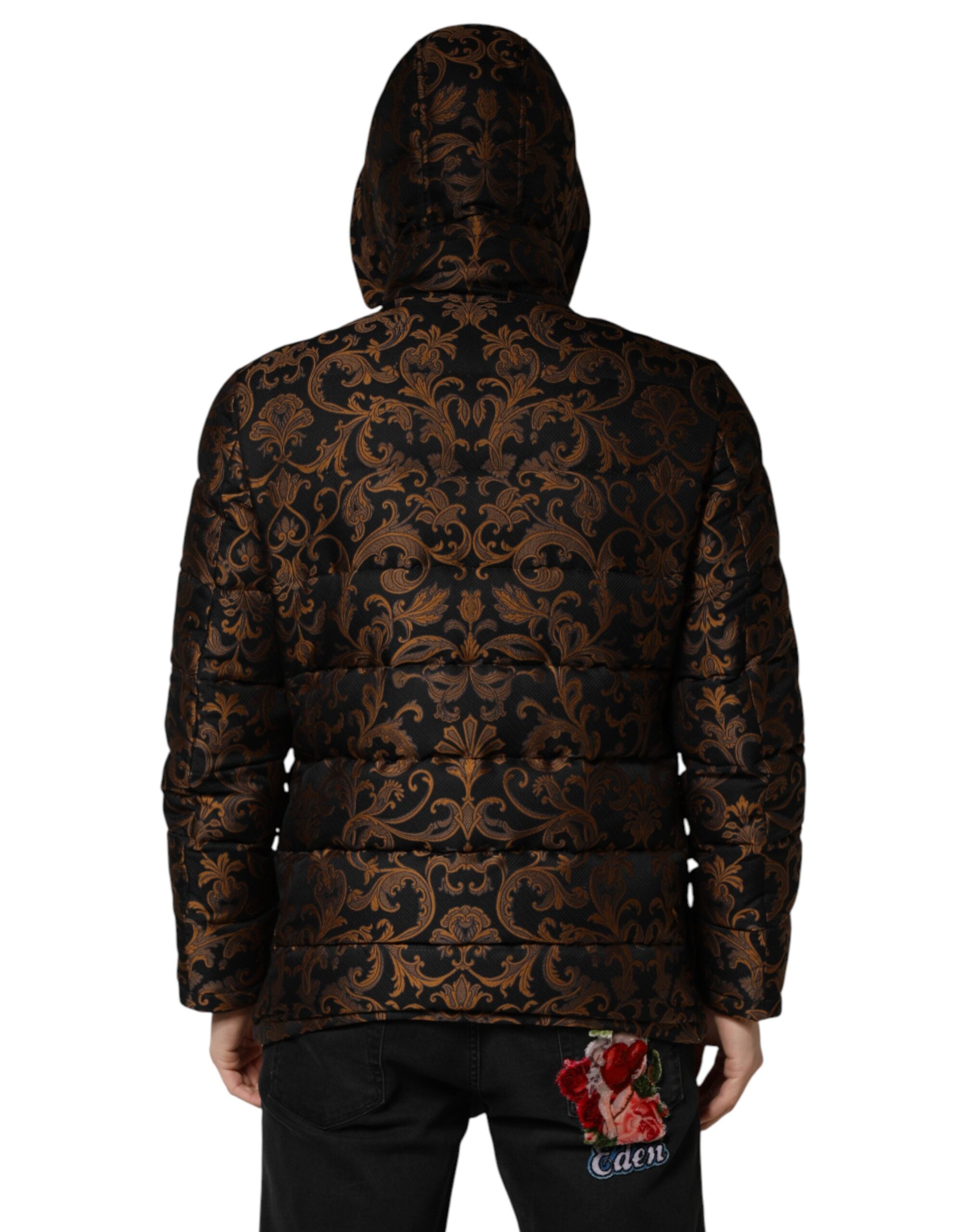 Dolce & Gabbana Schwarze Kapuzenjacke aus floralem Jacquard mit Steppung