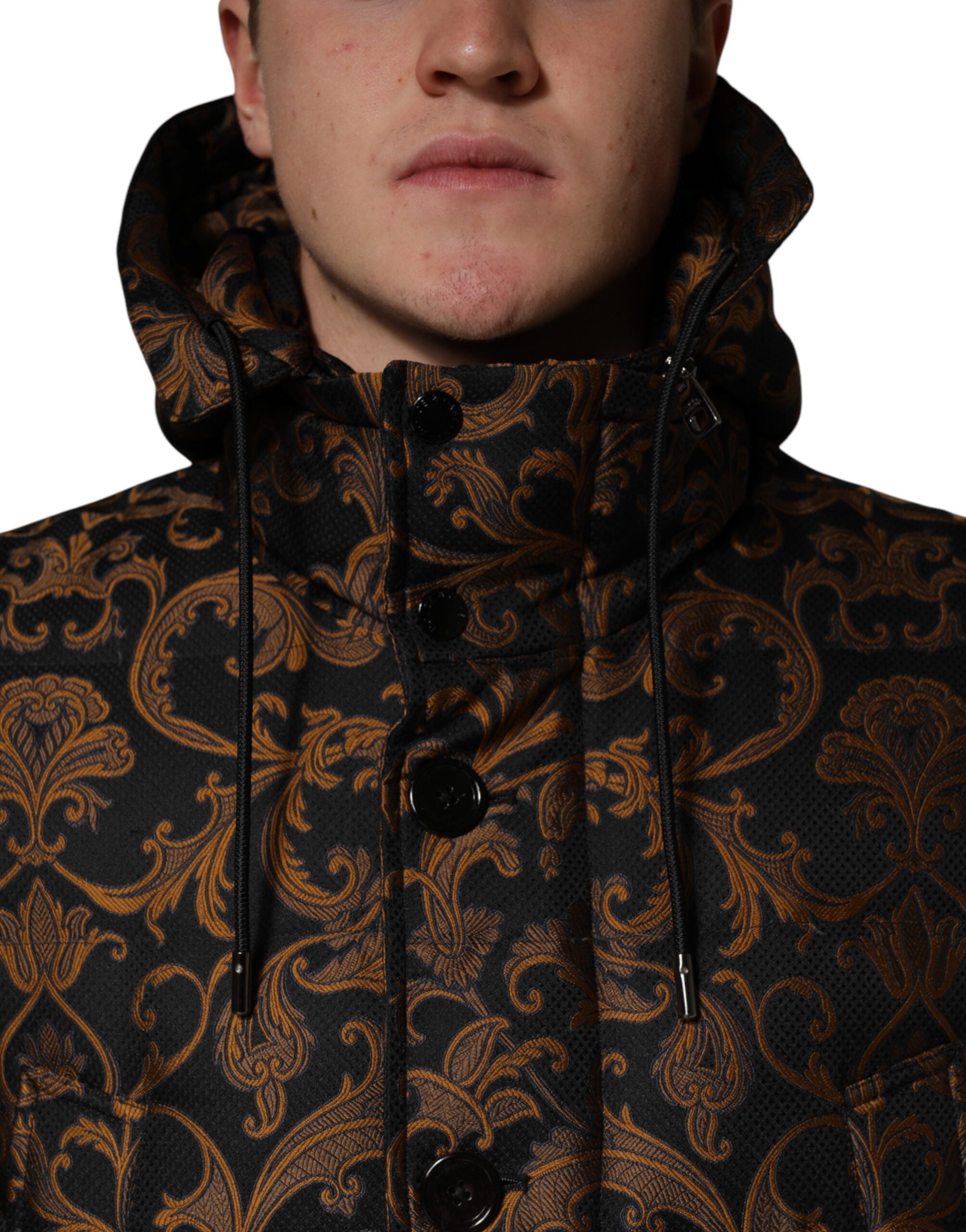 Dolce & Gabbana Schwarze Kapuzenjacke aus floralem Jacquard mit Steppung