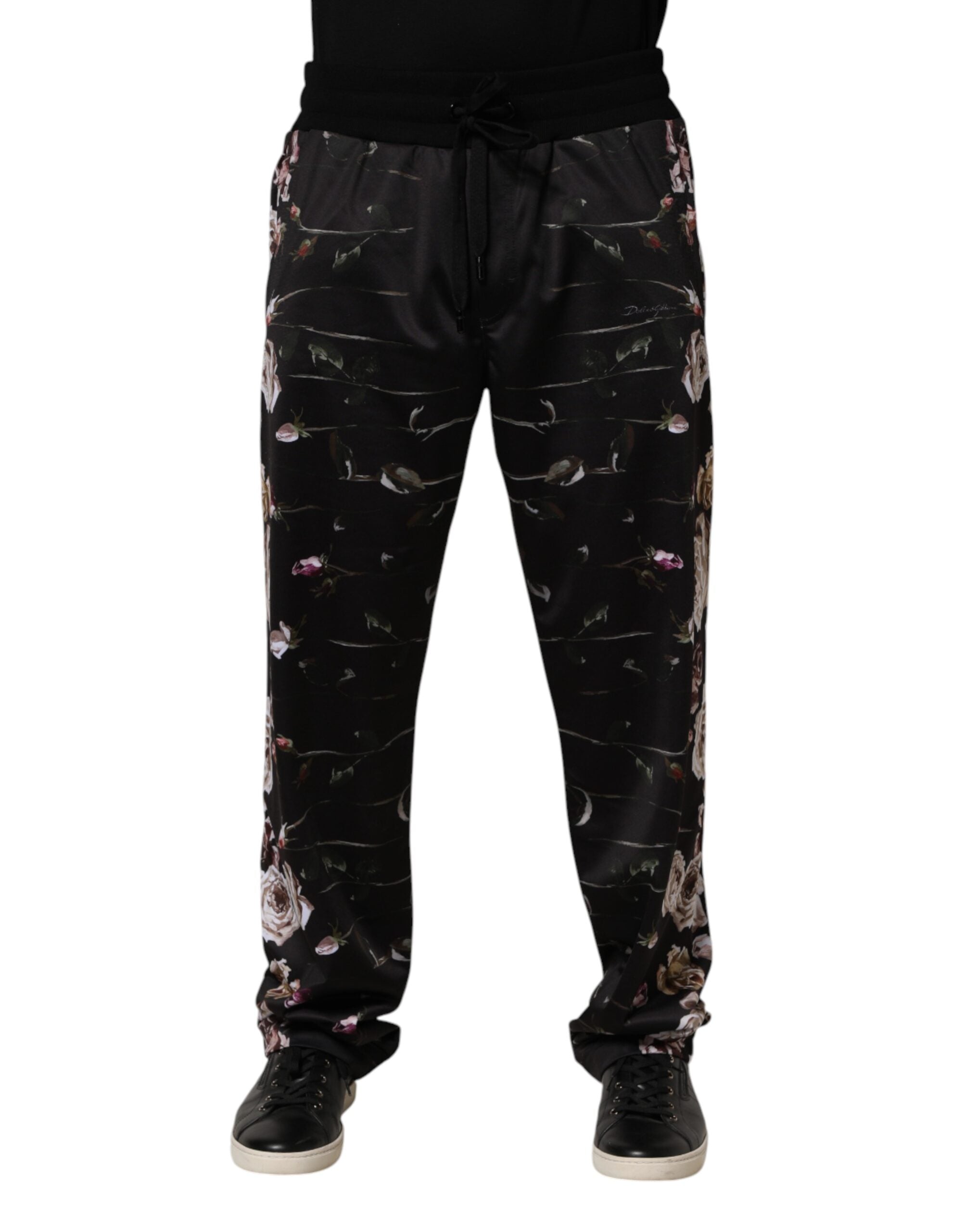 Dolce & Gabbana Schwarze Chinohose mit geradem Bein und Blumenmuster