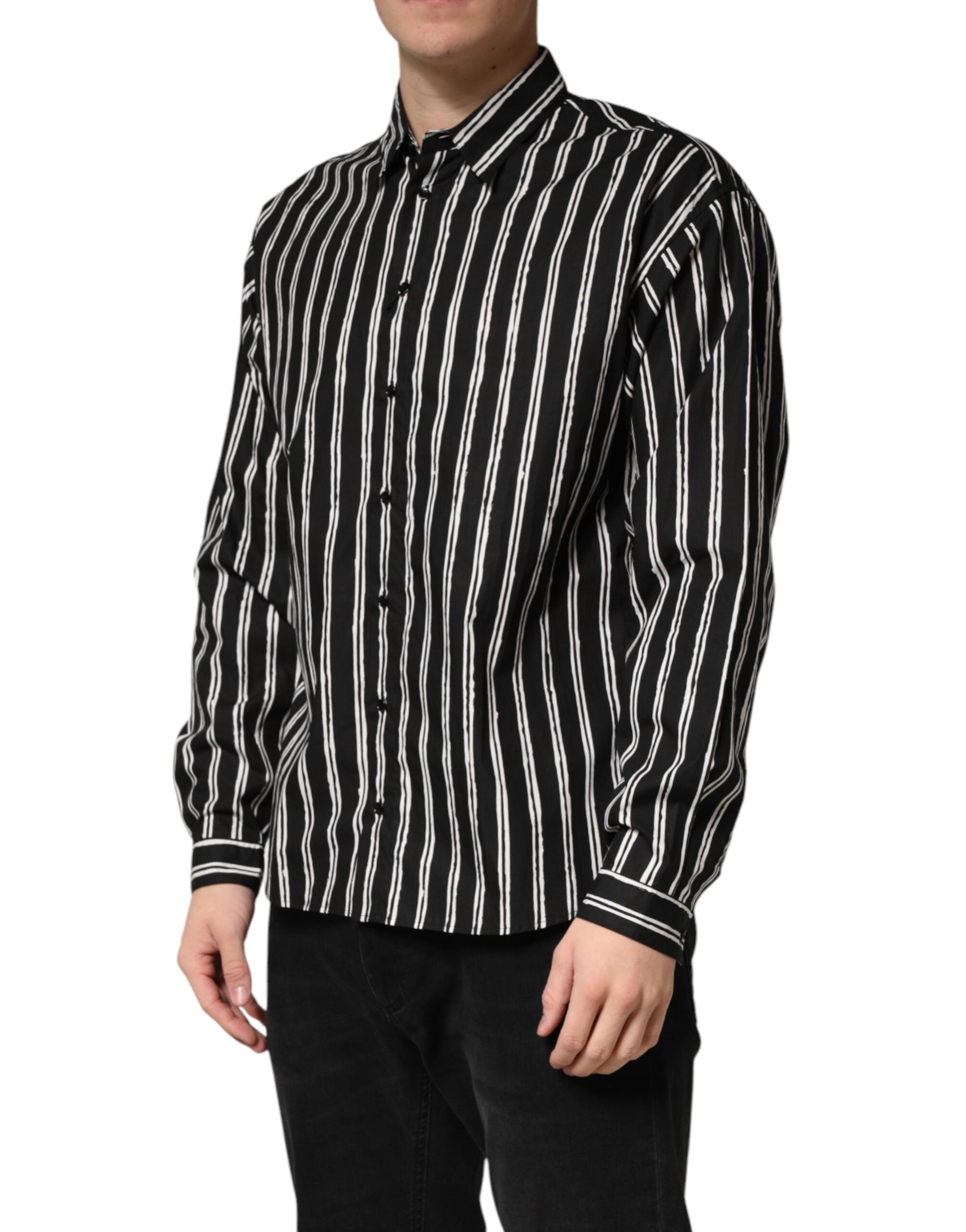 Dolce & Gabbana Schwarzes gestreiftes Baumwoll-Herrenhemd für formelle Anlässe