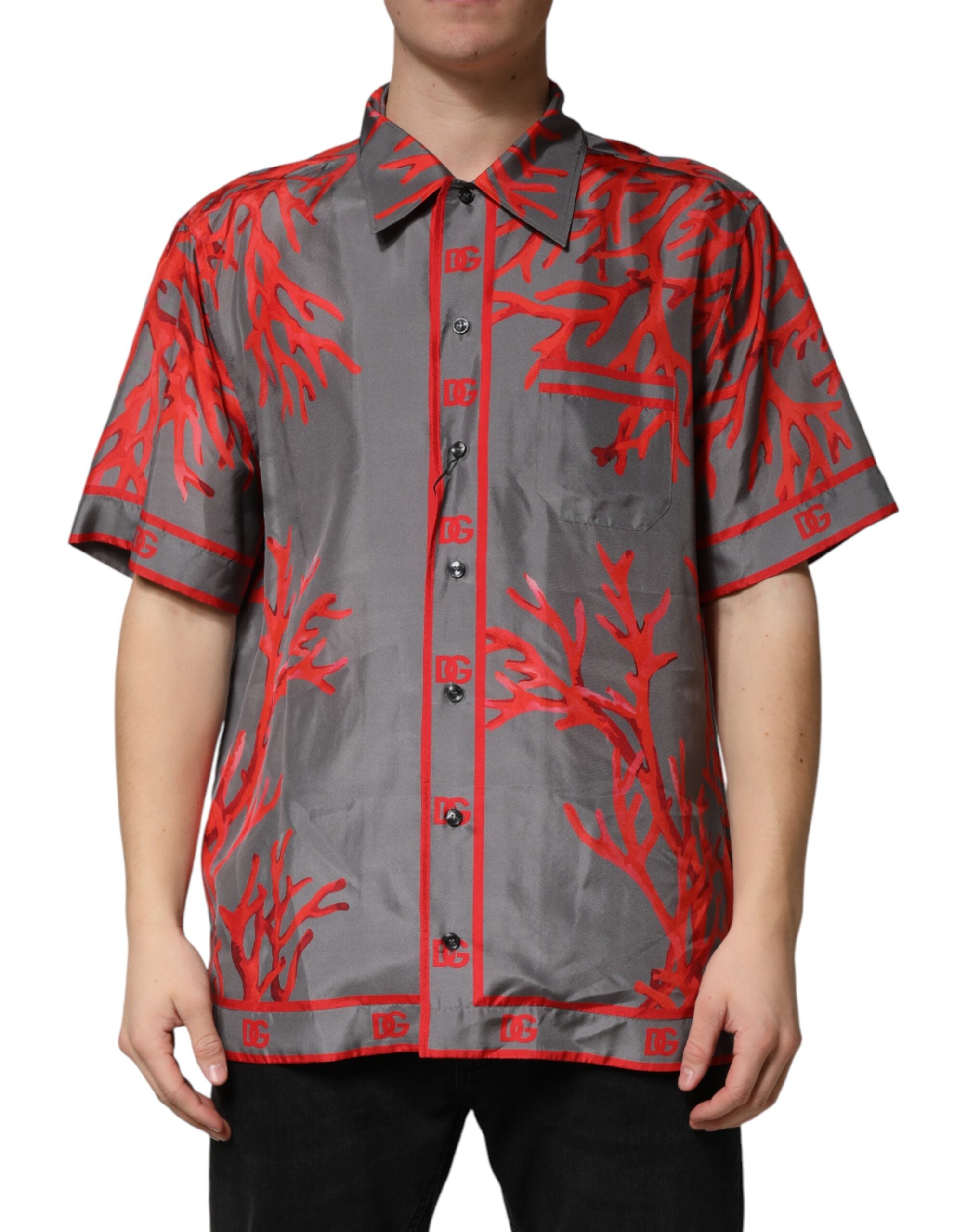 Dolce & Gabbana Graues Kurzarm-Hemd mit roten Korallen-Print