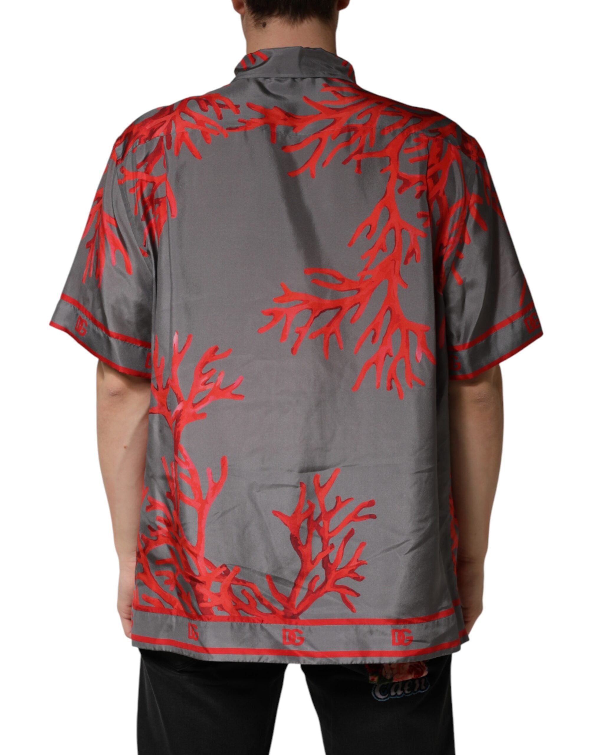 Dolce & Gabbana Graues Kurzarm-Hemd mit roten Korallen-Print
