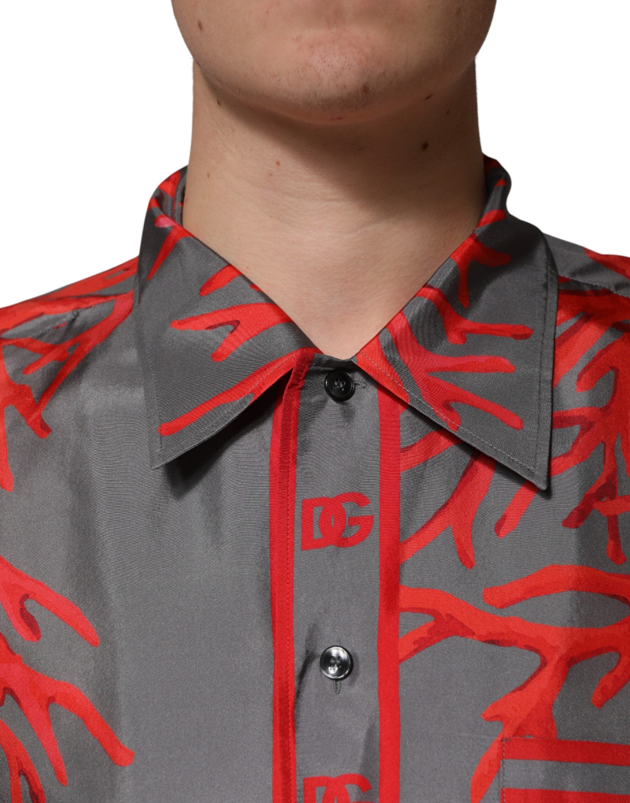 Dolce & Gabbana Graues Kurzarm-Hemd mit roten Korallen-Print
