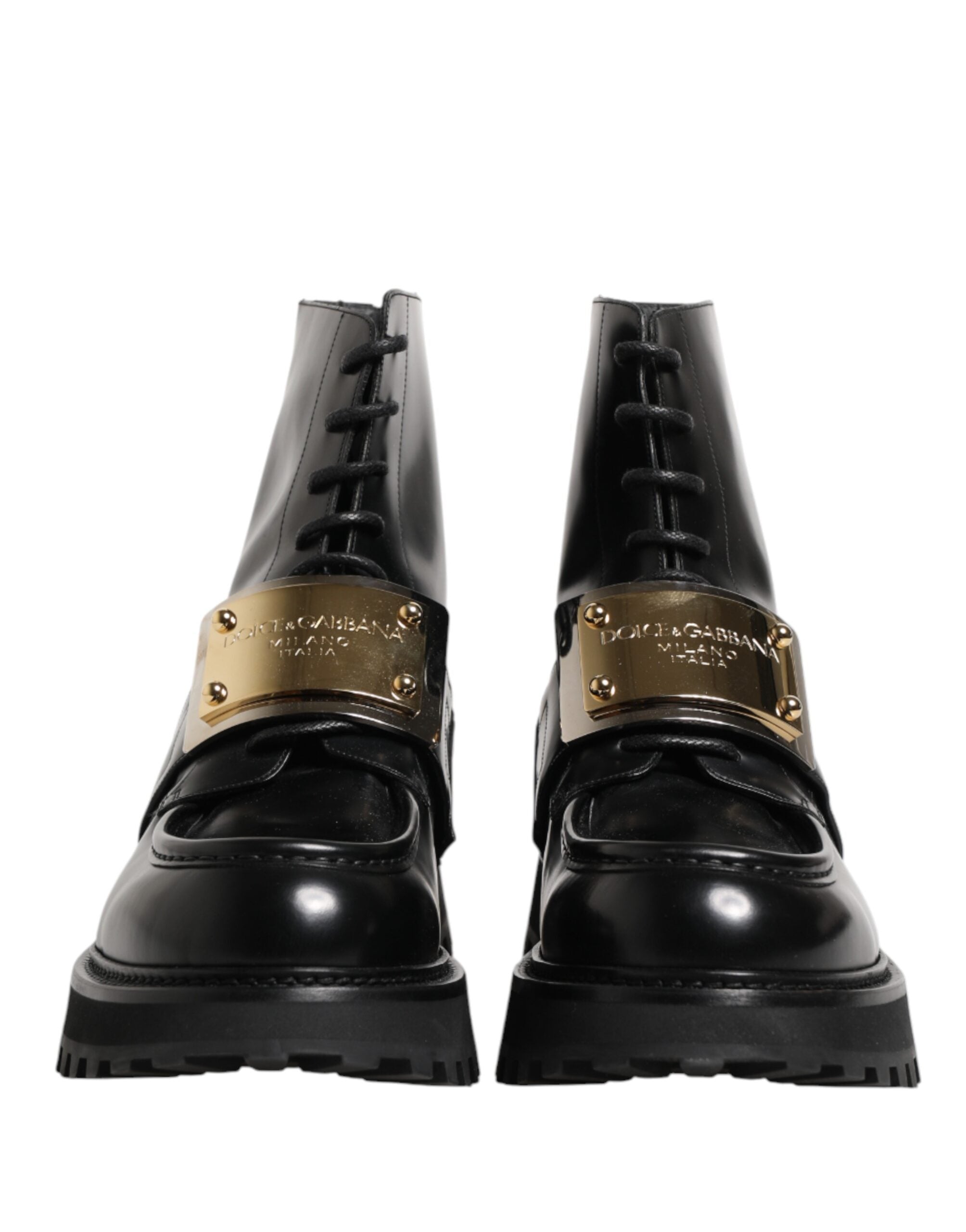 Dolce & Gabbana Schwarze Leder DG Plaque Schnürstiefel Schuhe