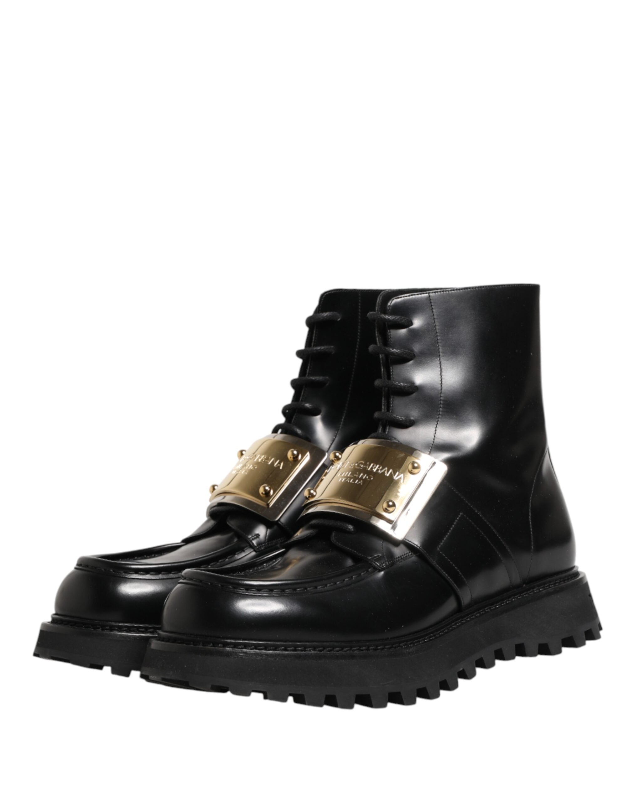 Dolce & Gabbana Schwarze Leder DG Plaque Schnürstiefel Schuhe
