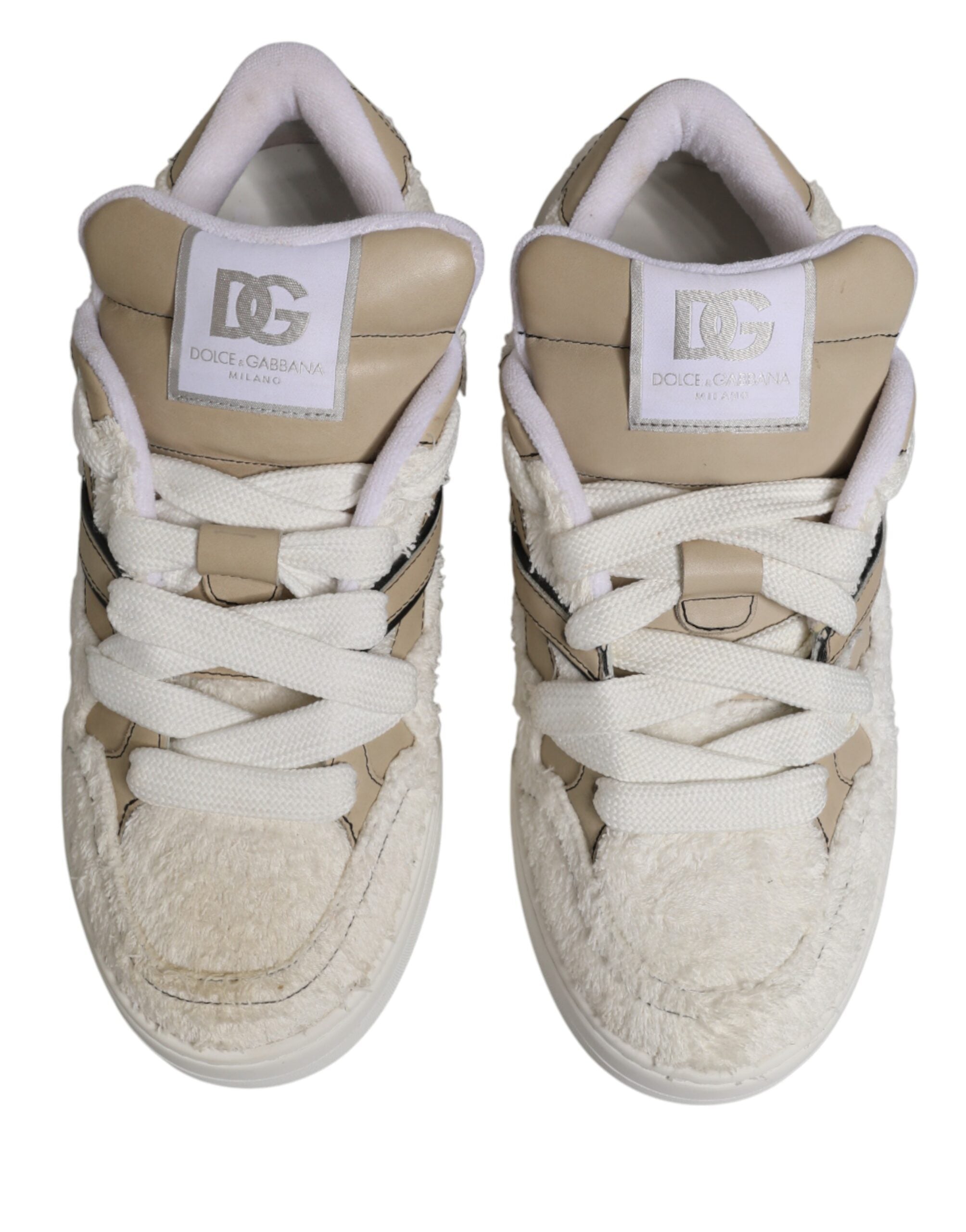 Dolce & Gabbana Weiße Beige Kunstlammfell Sneaker Niedrige Schnürschuhe
