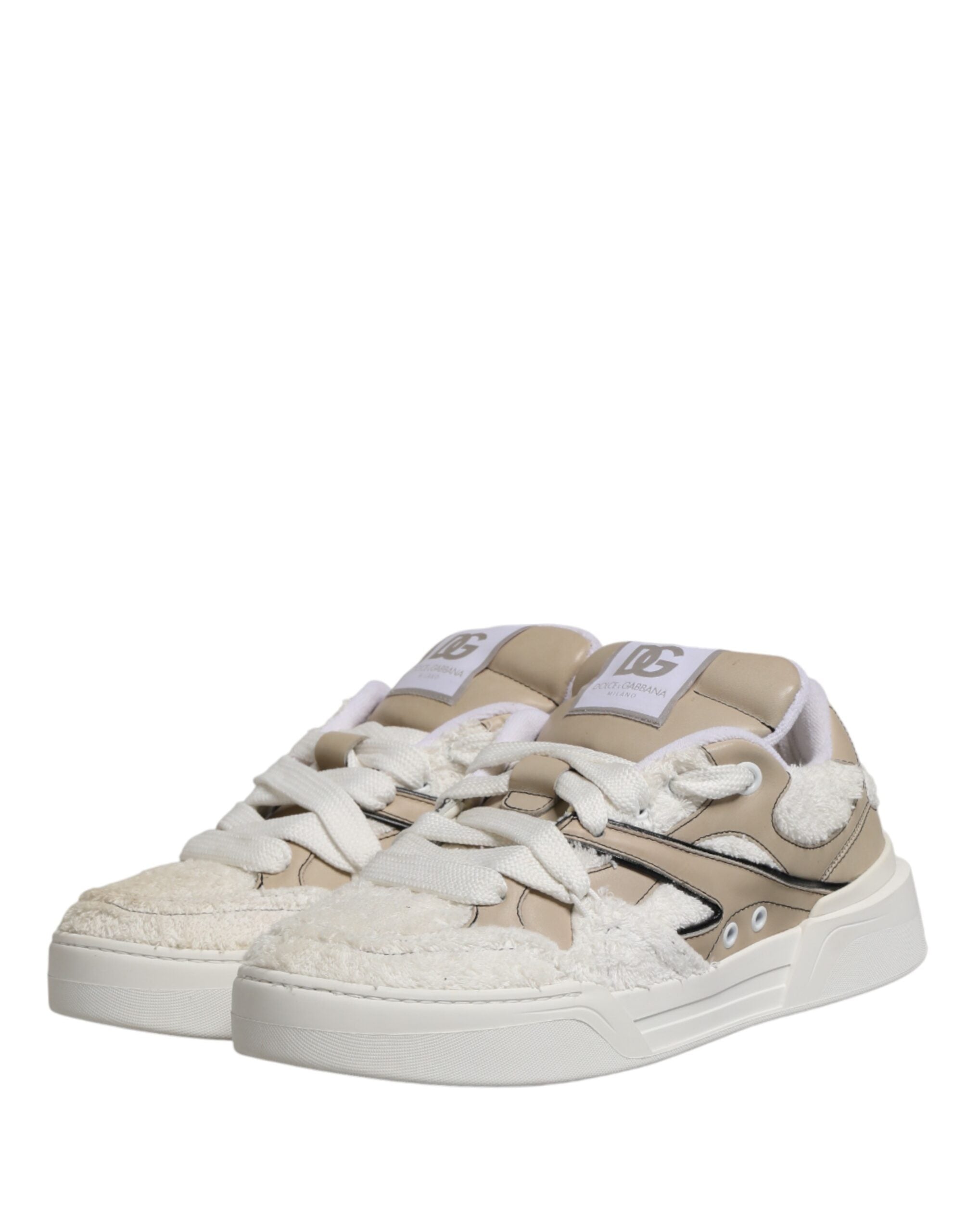 Dolce & Gabbana Weiße Beige Kunstlammfell Sneaker Niedrige Schnürschuhe