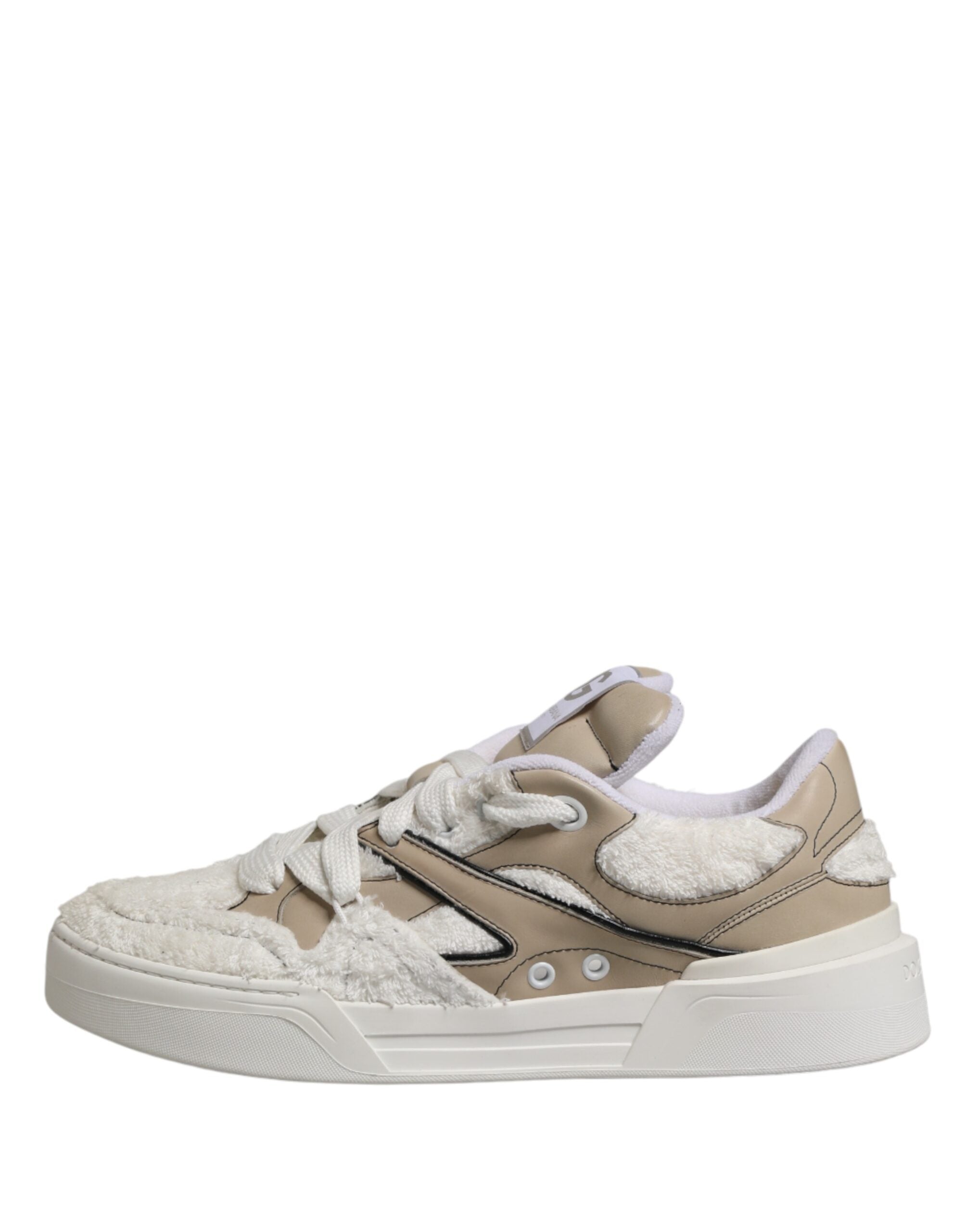 Dolce & Gabbana Weiße Beige Kunstlammfell Sneaker Niedrige Schnürschuhe