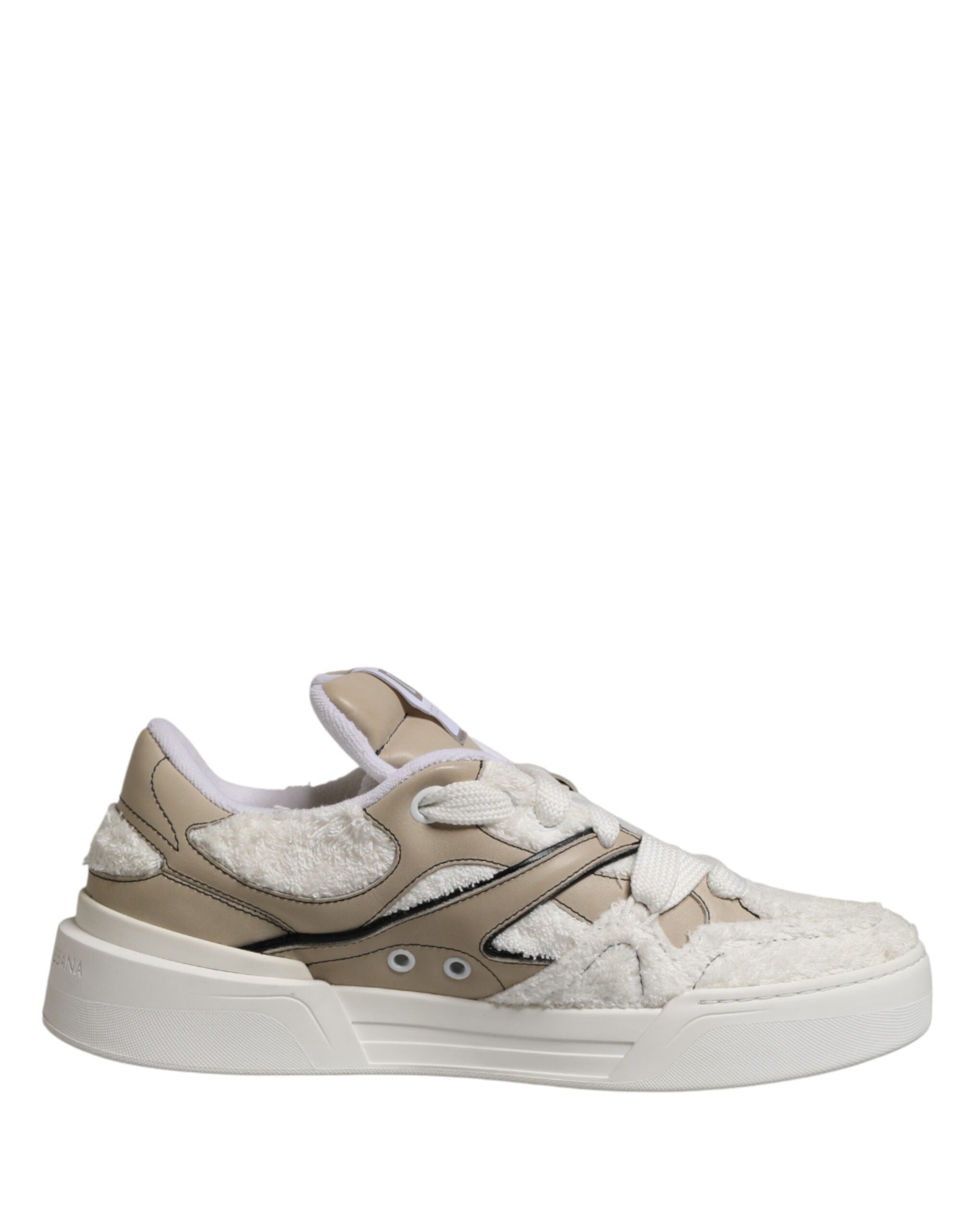 Dolce & Gabbana Weiße Beige Kunstlammfell Sneaker Niedrige Schnürschuhe