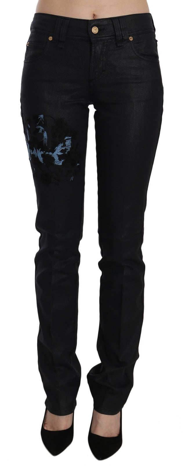 John Galliano Schwarze Schwanenblumen-Stickerei, Mid-Waist Skinny Denim Jeans