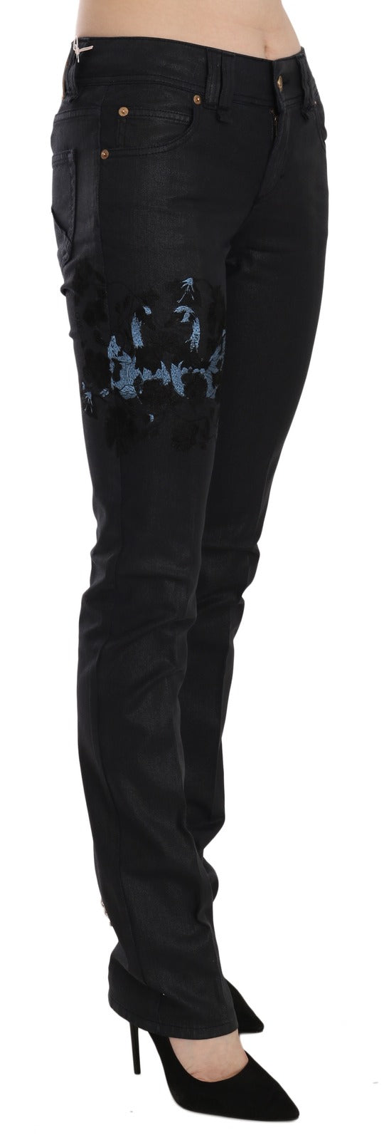 John Galliano Schwarze Schwanenblumen-Stickerei, Mid-Waist Skinny Denim Jeans