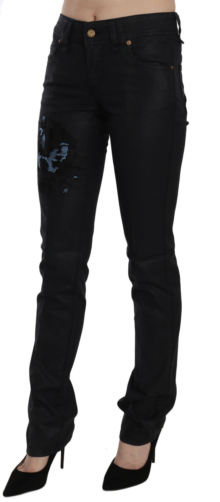 John Galliano Schwarze Schwanenblumen-Stickerei, Mid-Waist Skinny Denim Jeans