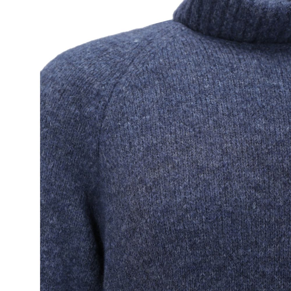 Brunello Cucinelli Blauer Rollkragenpullover aus Alpakawolle und Leder