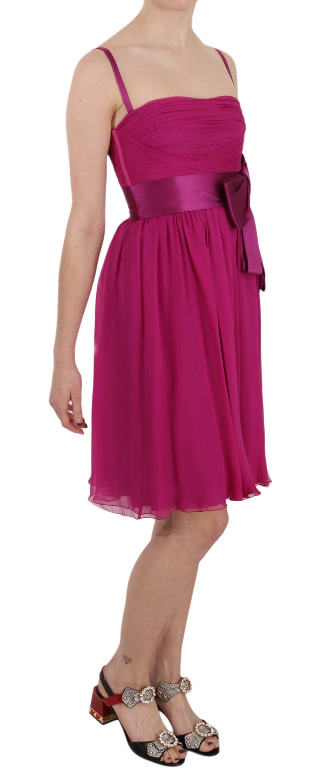 Dolce & Gabbana Fuchsia Pinkes ärmelloses Seidenkleid mit Schleife