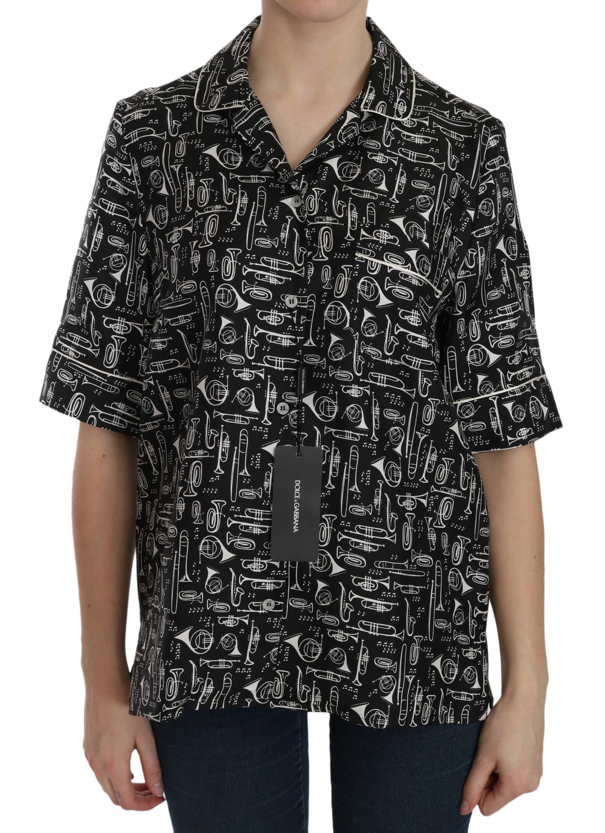 Dolce & Gabbana Schwarzes Seidentop mit Musikinstrumentenaufdruck
