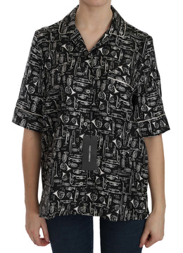 Dolce & Gabbana Schwarzes Seidentop mit Musikinstrumentenaufdruck
