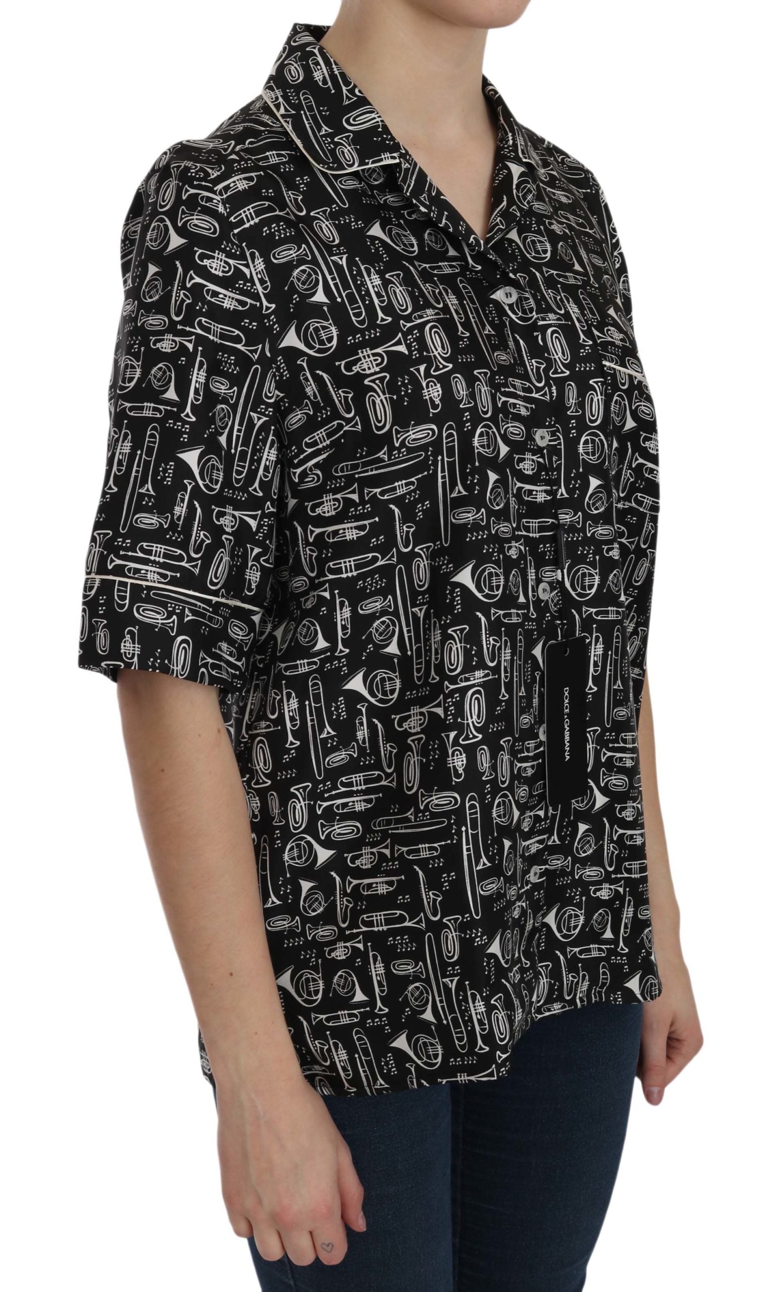 Dolce & Gabbana Schwarzes Seidentop mit Musikinstrumentenaufdruck