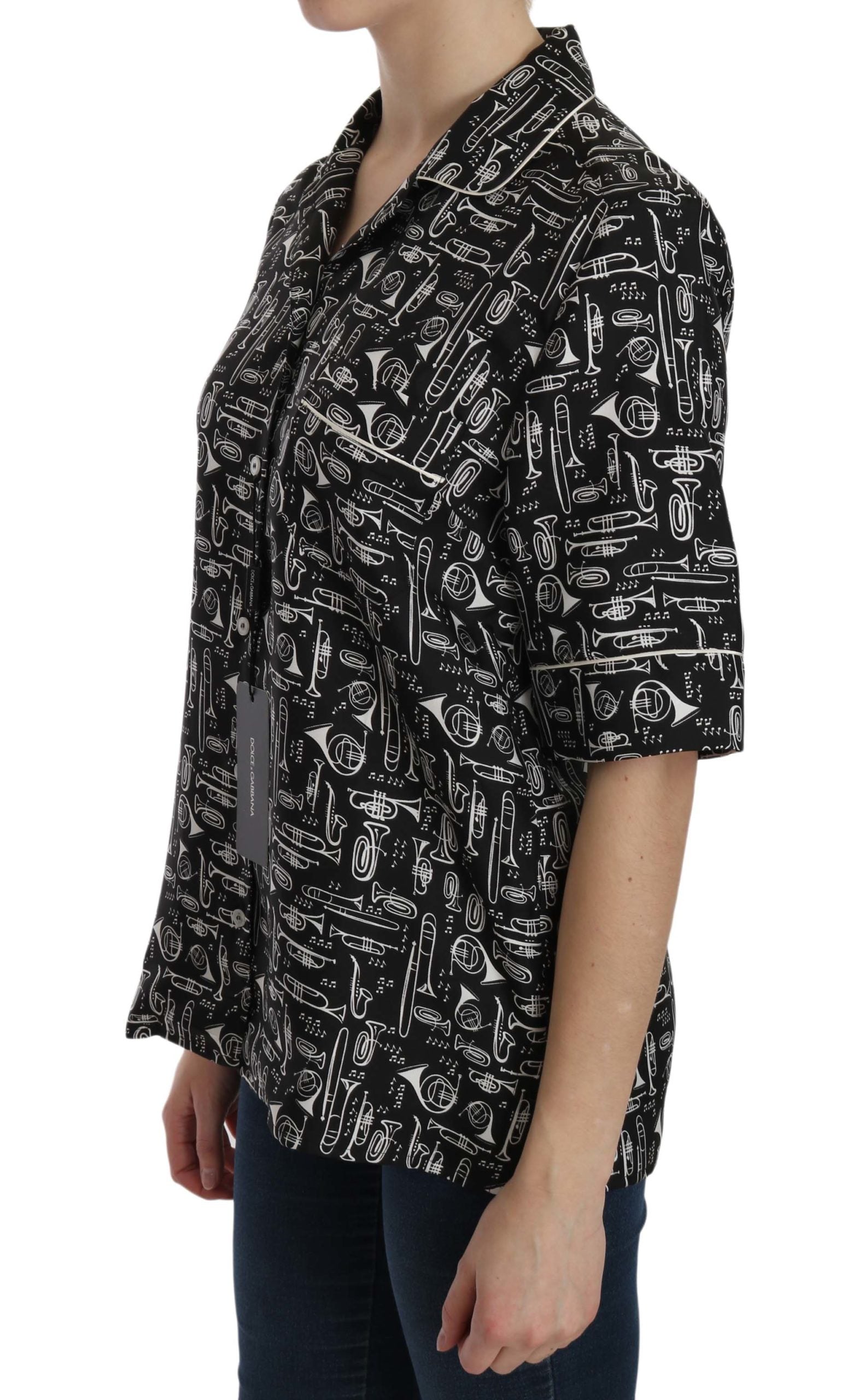 Dolce & Gabbana Schwarzes Seidentop mit Musikinstrumentenaufdruck