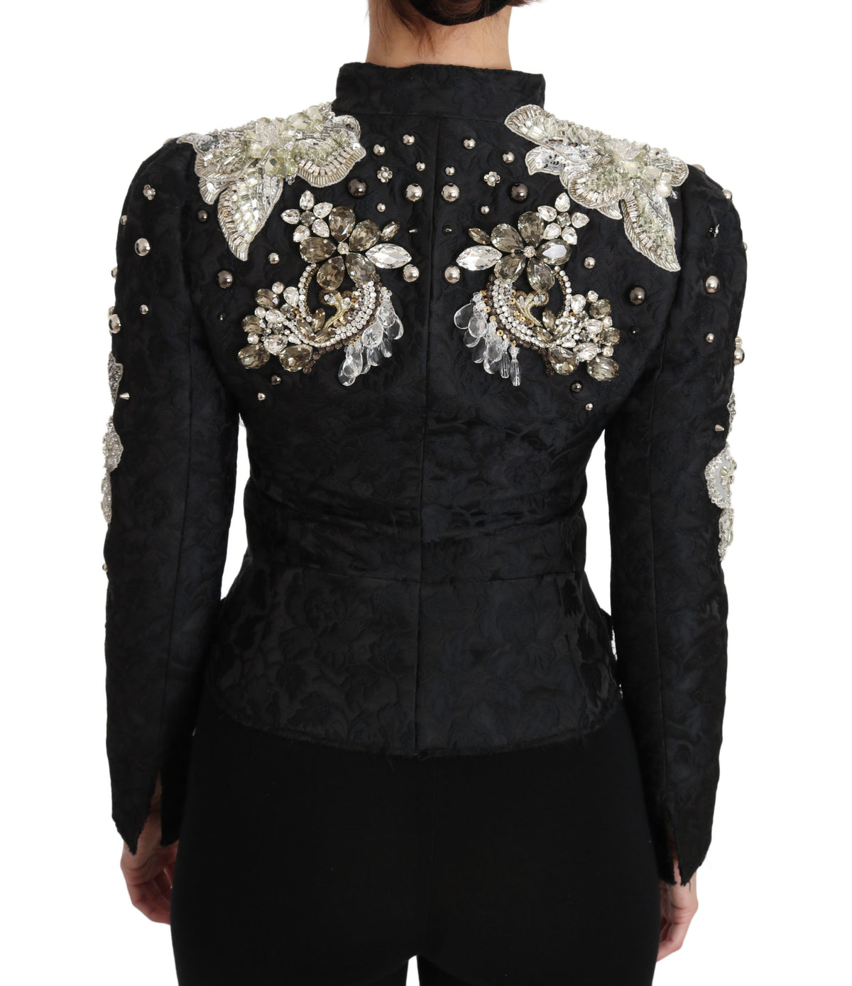 Dolce & Gabbana Schwarze Jacquard-Kristalljacke mit Blumenmuster