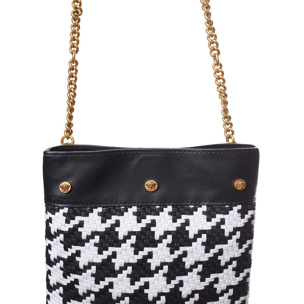 Versace Schwarze und weiße Schultertasche aus Leder und Textil