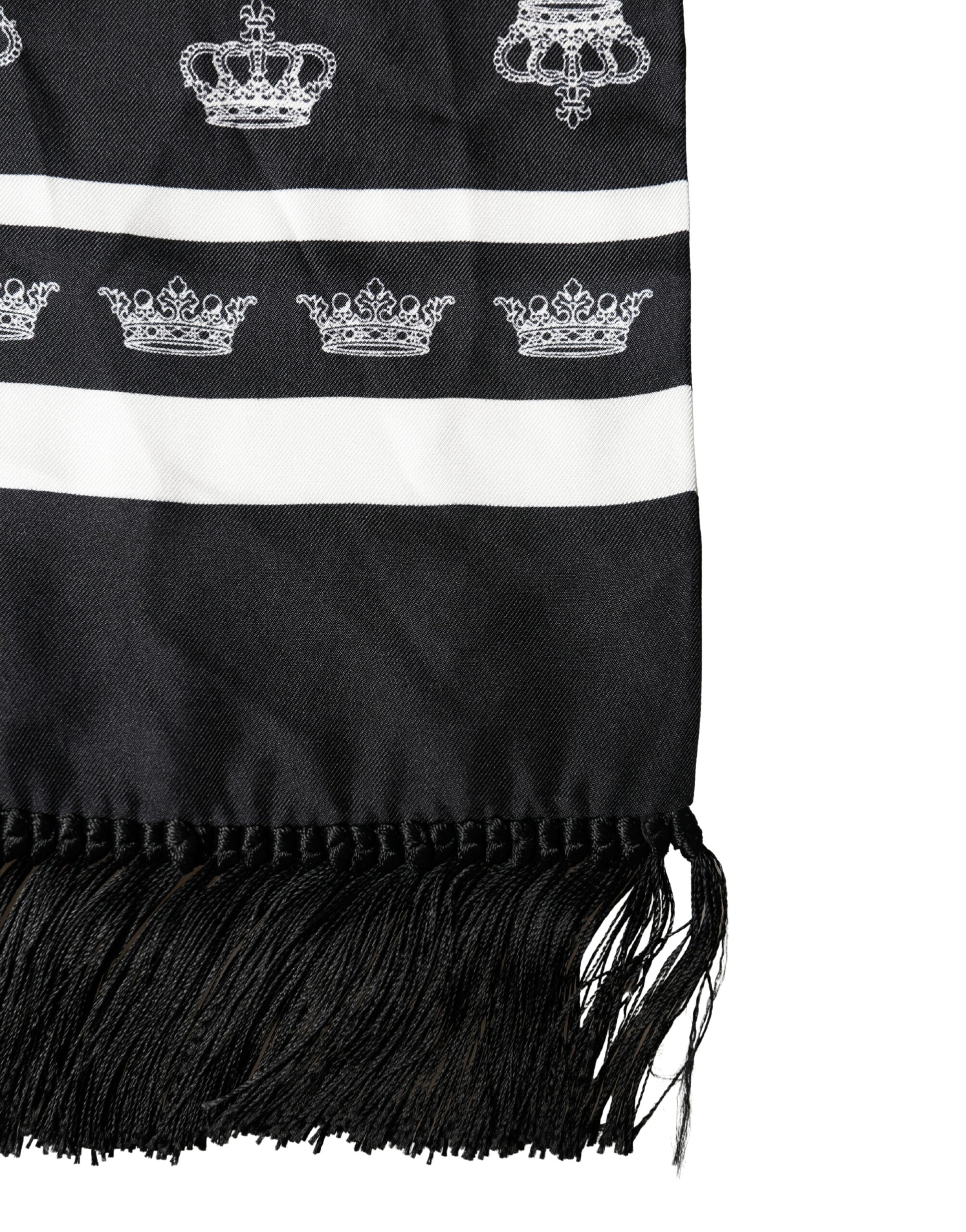 Dolce & Gabbana Schwarzer Seiden-Schal mit Kronen-Fransen 173cm x 32,5cm