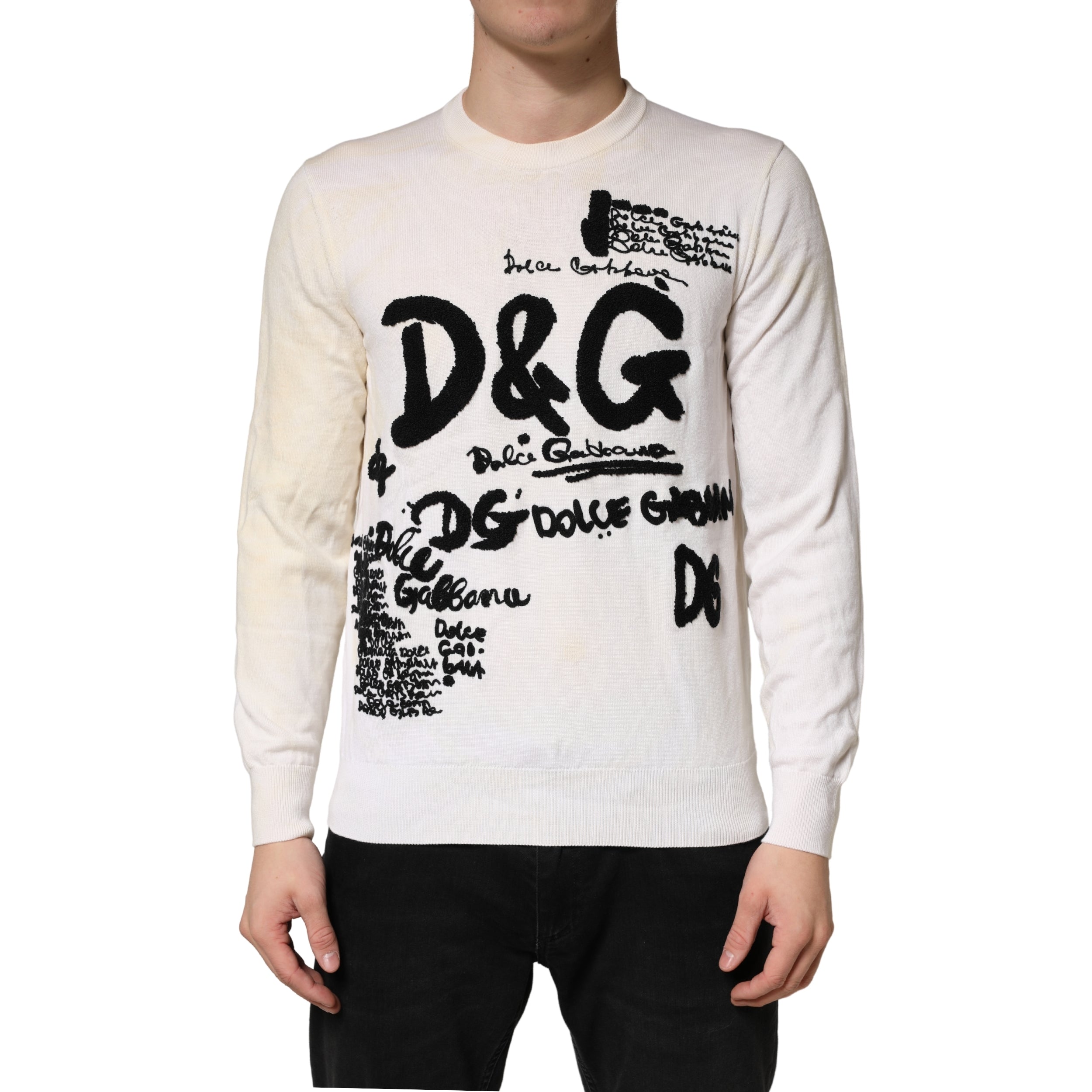 Dolce & Gabbana Weißer Wollpullover mit Grafiklogo-Rundhalsausschnitt aus reiner Schurwolle