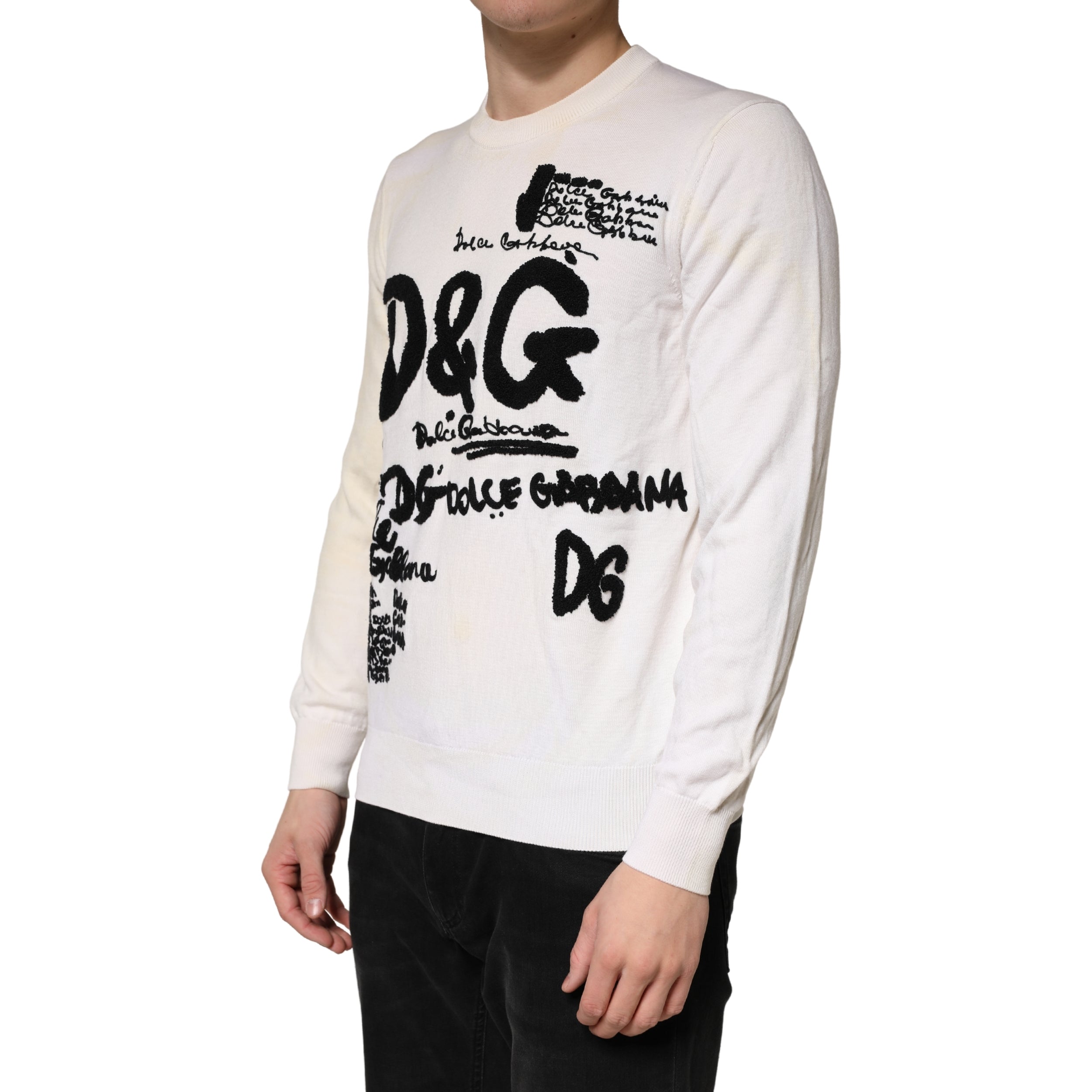 Dolce & Gabbana Weißer Wollpullover mit Grafiklogo-Rundhalsausschnitt aus reiner Schurwolle