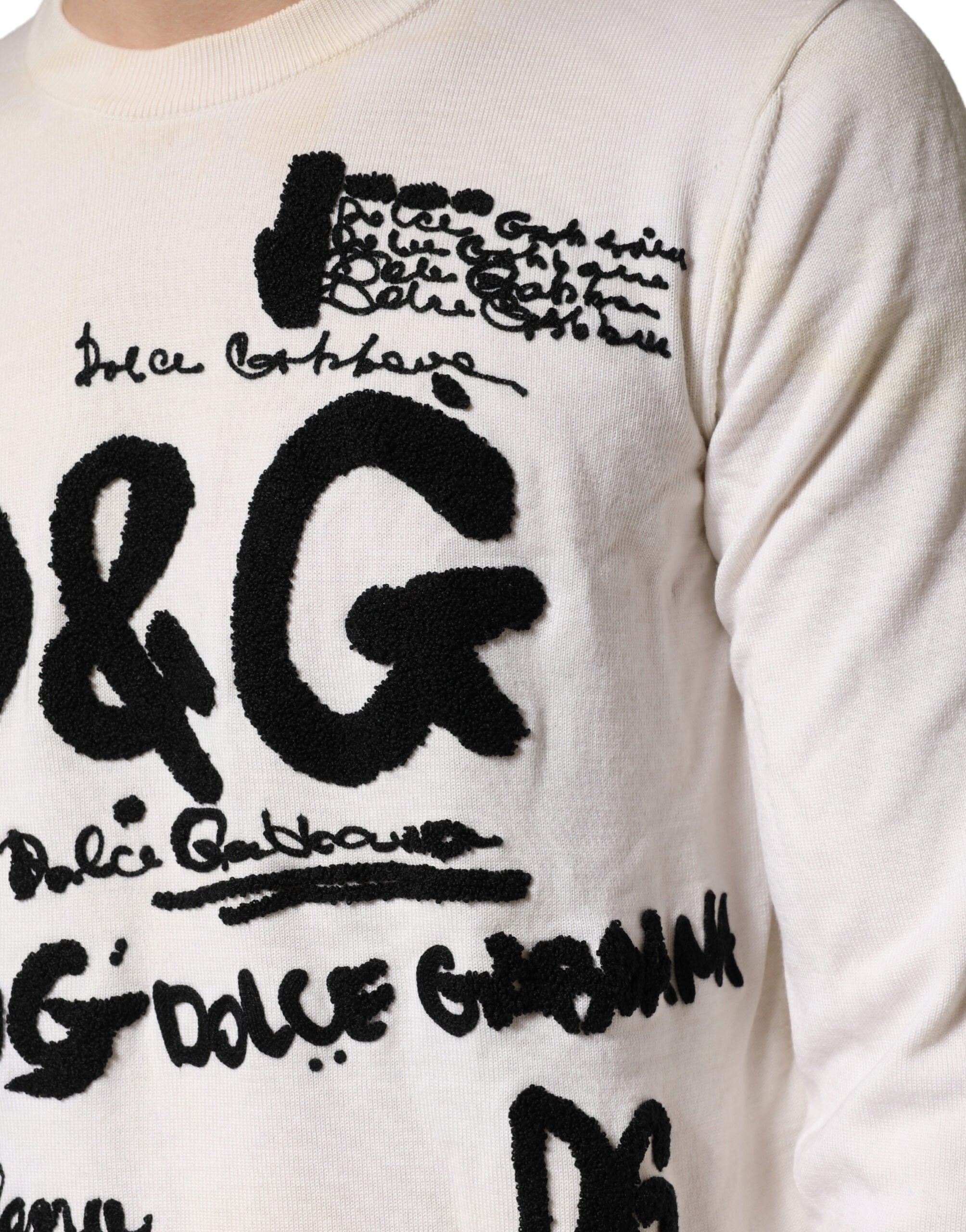 Dolce & Gabbana Weißer Wollpullover mit Grafiklogo-Rundhalsausschnitt aus reiner Schurwolle