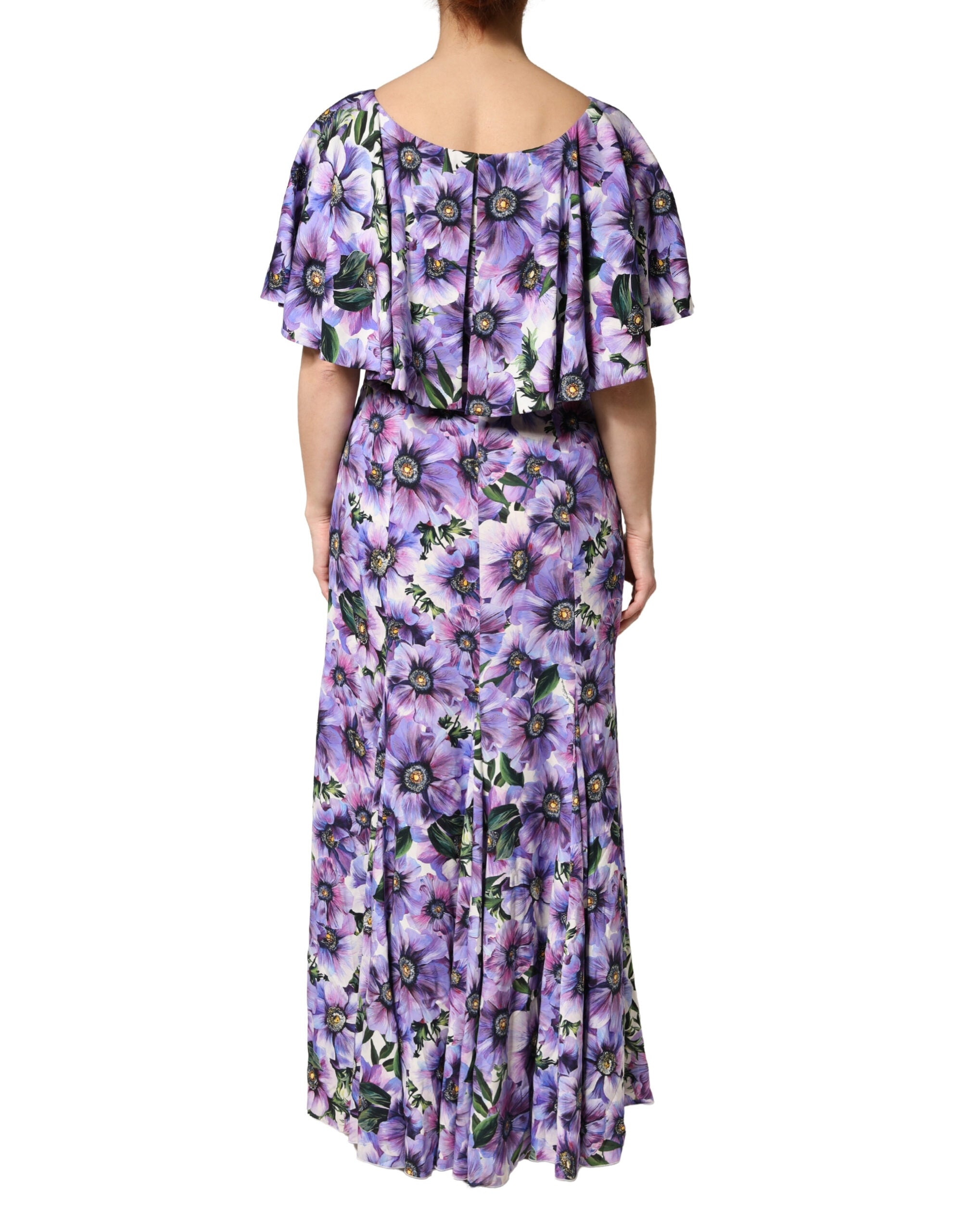 Dolce & Gabbana Elegantes bodenlanges Kleid aus violett-blumenbedecktem Stretch-Seidenstoff