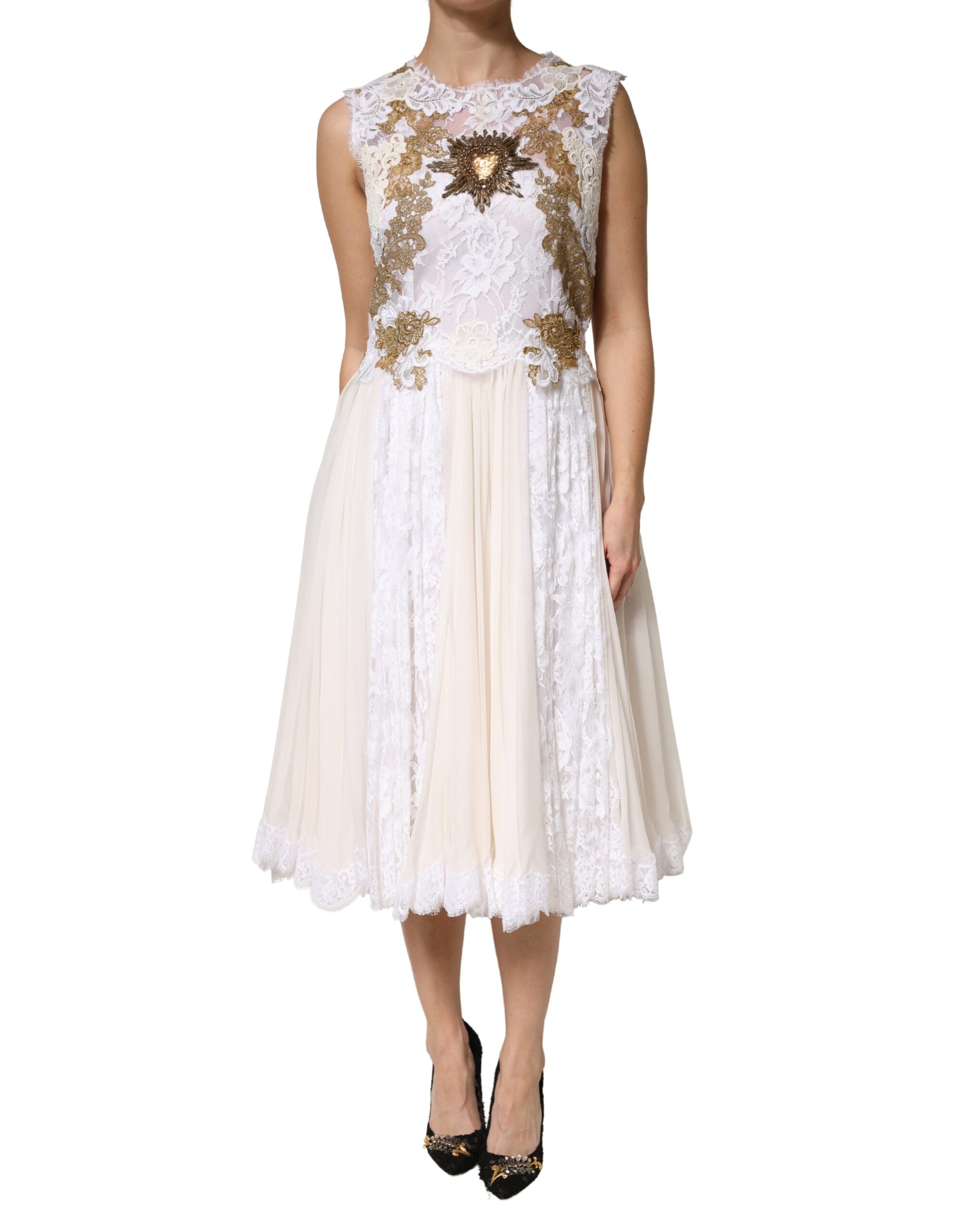 Dolce & Gabbana Elfenbeinfarbenes Seidenkleid mit Spitze und Verzierungen, ärmellos