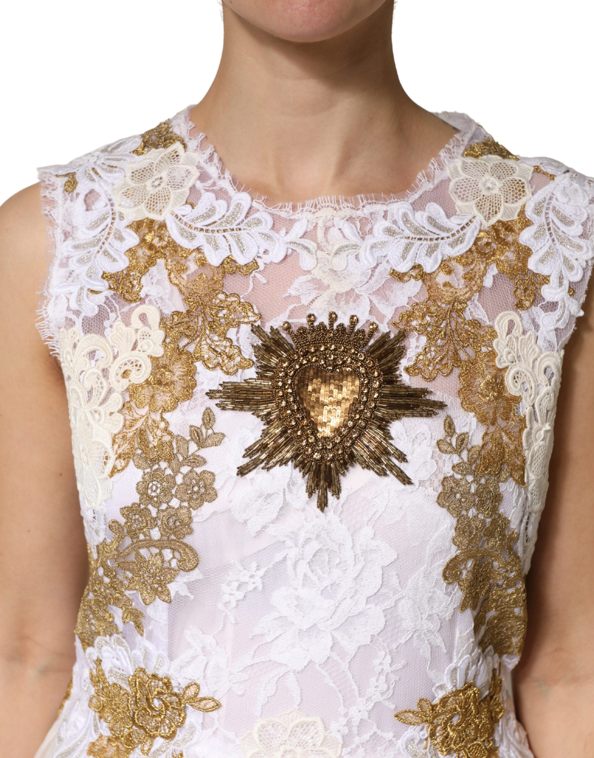 Dolce & Gabbana Elfenbeinfarbenes Seidenkleid mit Spitze und Verzierungen, ärmellos