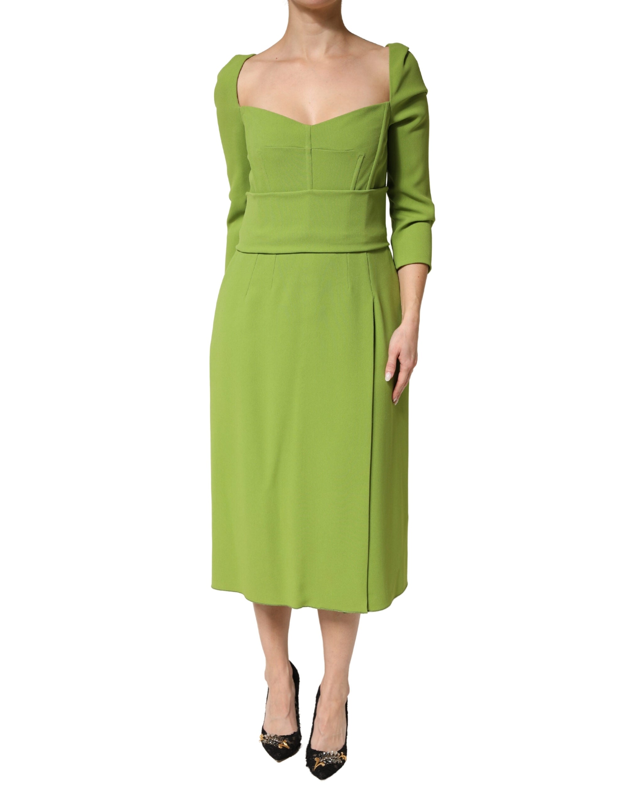 Dolce & Gabbana Midi-Kleid aus grüner Seide mit Herzausschnitt