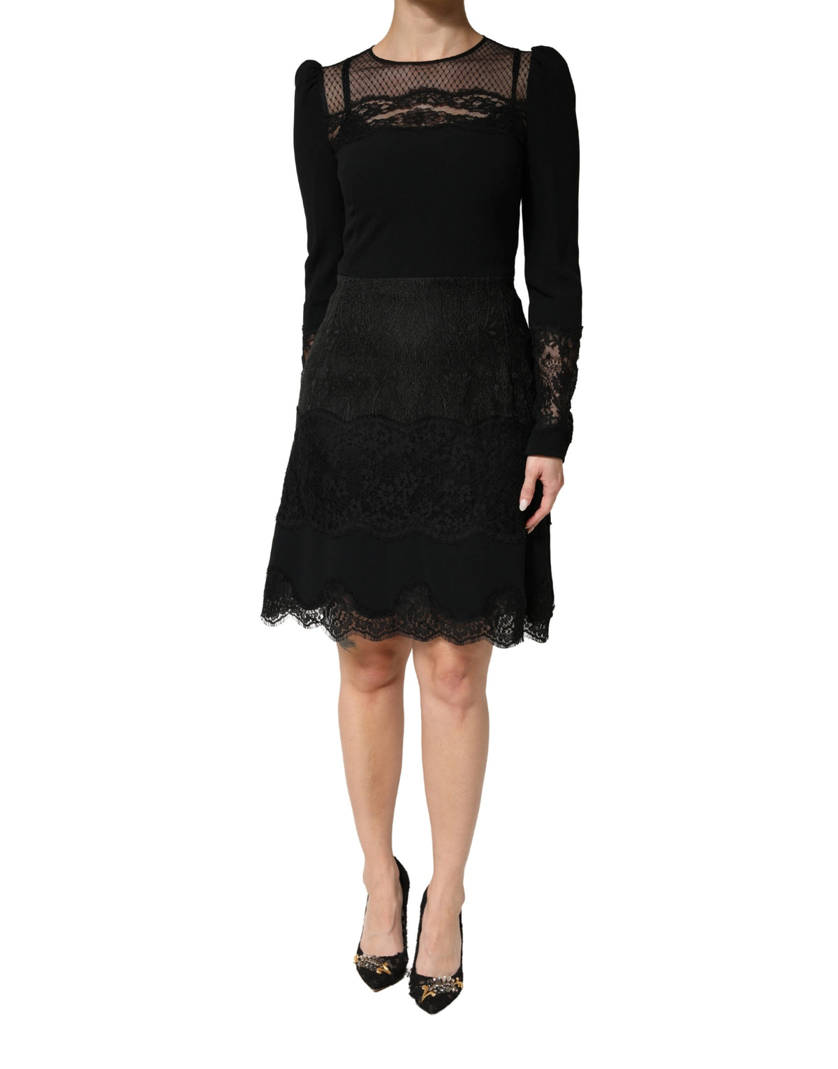 Dolce & Gabbana Schwarzes Spitzenkleid mit transparenten Einsätzen, Midi-Länge, langen Ärmeln