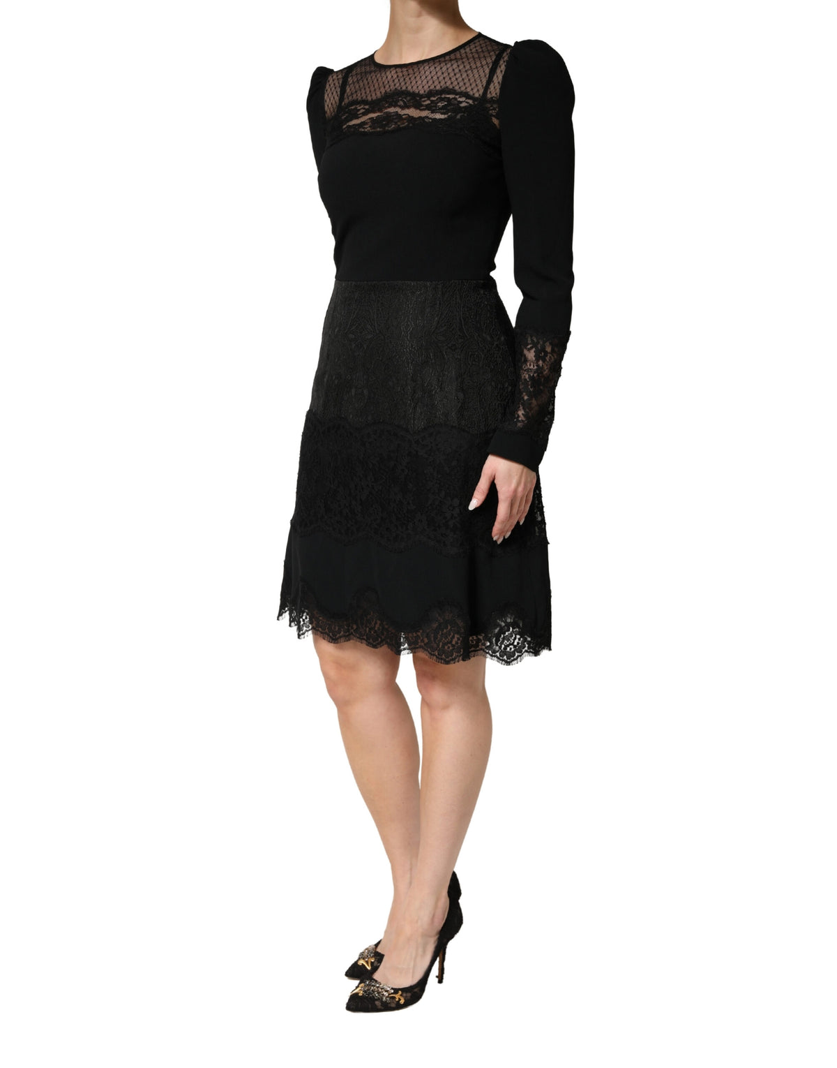 Dolce & Gabbana Schwarzes Spitzenkleid mit transparenten Einsätzen, Midi-Länge, langen Ärmeln