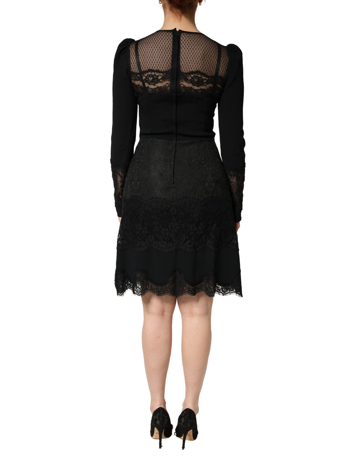 Dolce & Gabbana Schwarzes Spitzenkleid mit transparenten Einsätzen, Midi-Länge, langen Ärmeln
