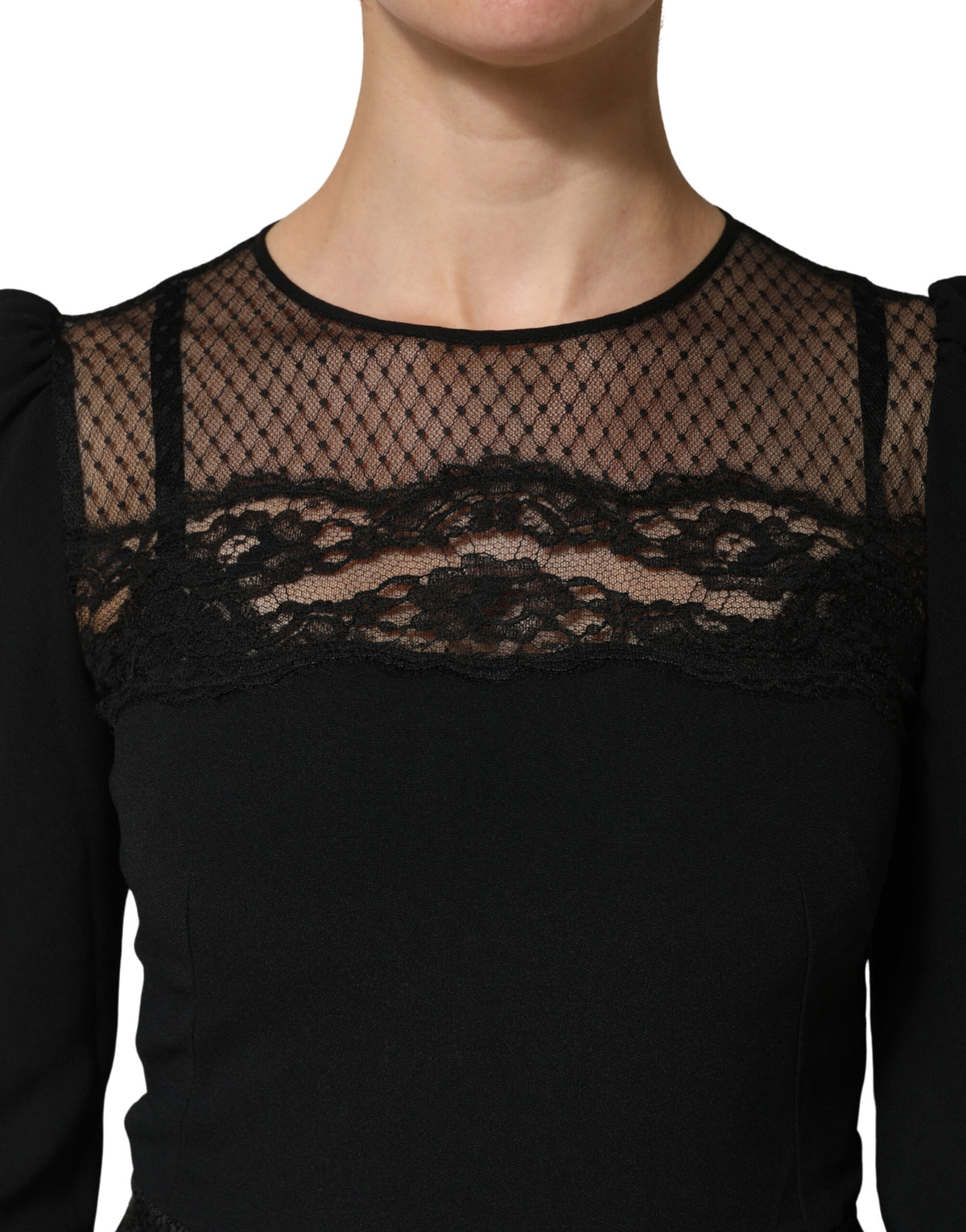 Dolce & Gabbana Schwarzes Spitzenkleid mit transparenten Einsätzen, Midi-Länge, langen Ärmeln
