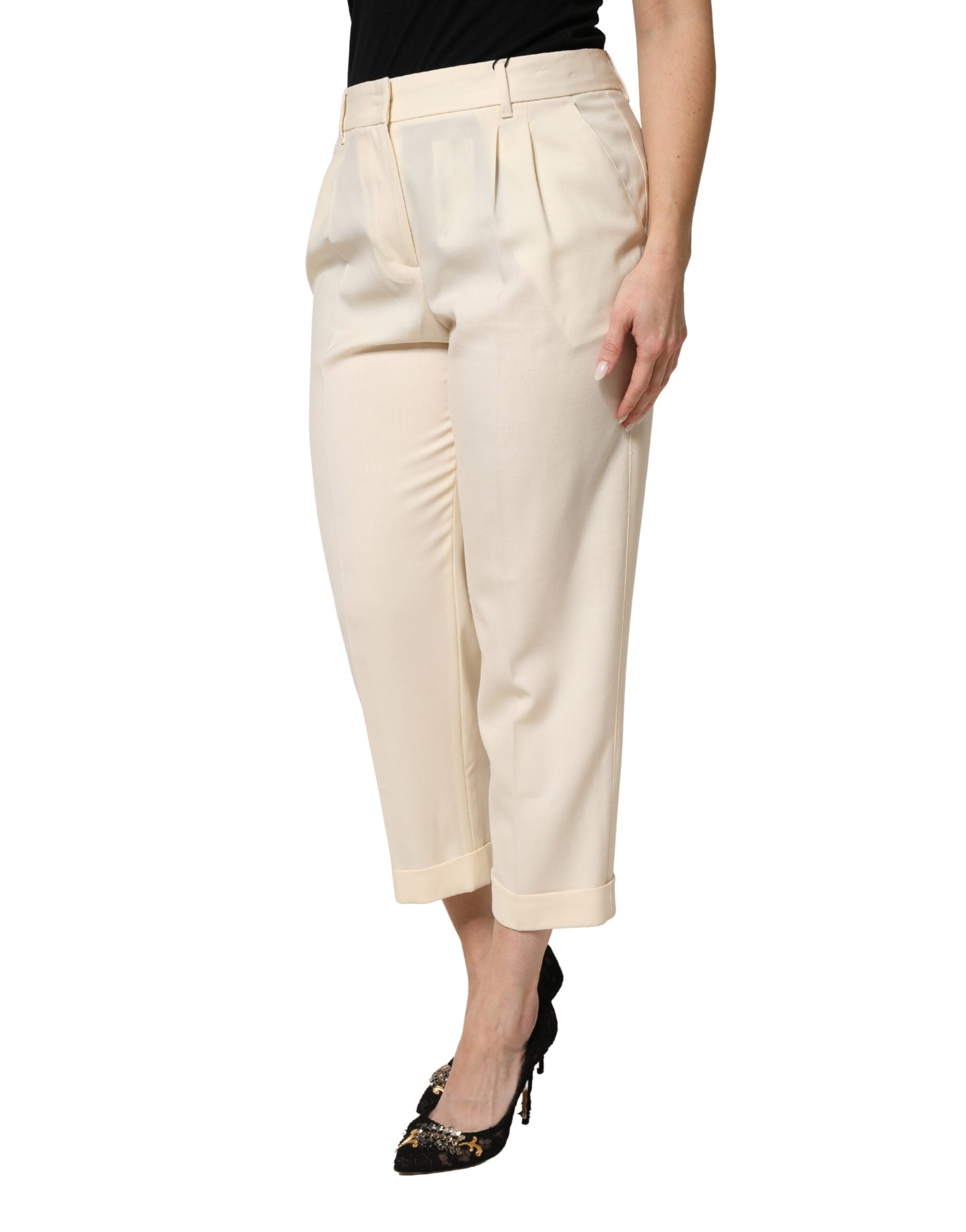 Dolce & Gabbana Elfenbeinfarbene Wollhose mit mittlerer Taille und Cropped-Schnitt