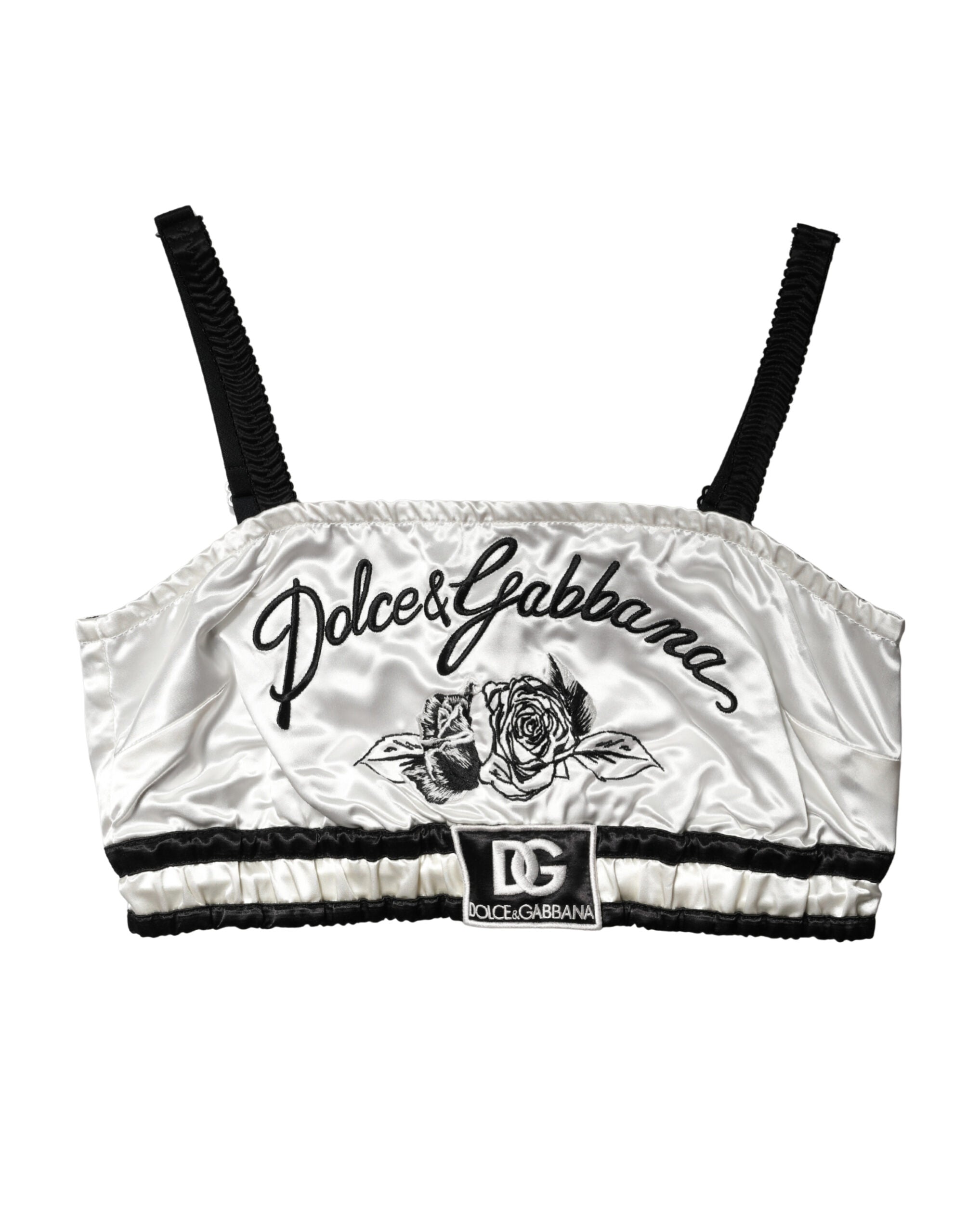 Dolce & Gabbana Weiße Seiden-Satin-Crop-Bralette mit schwarzem Logo