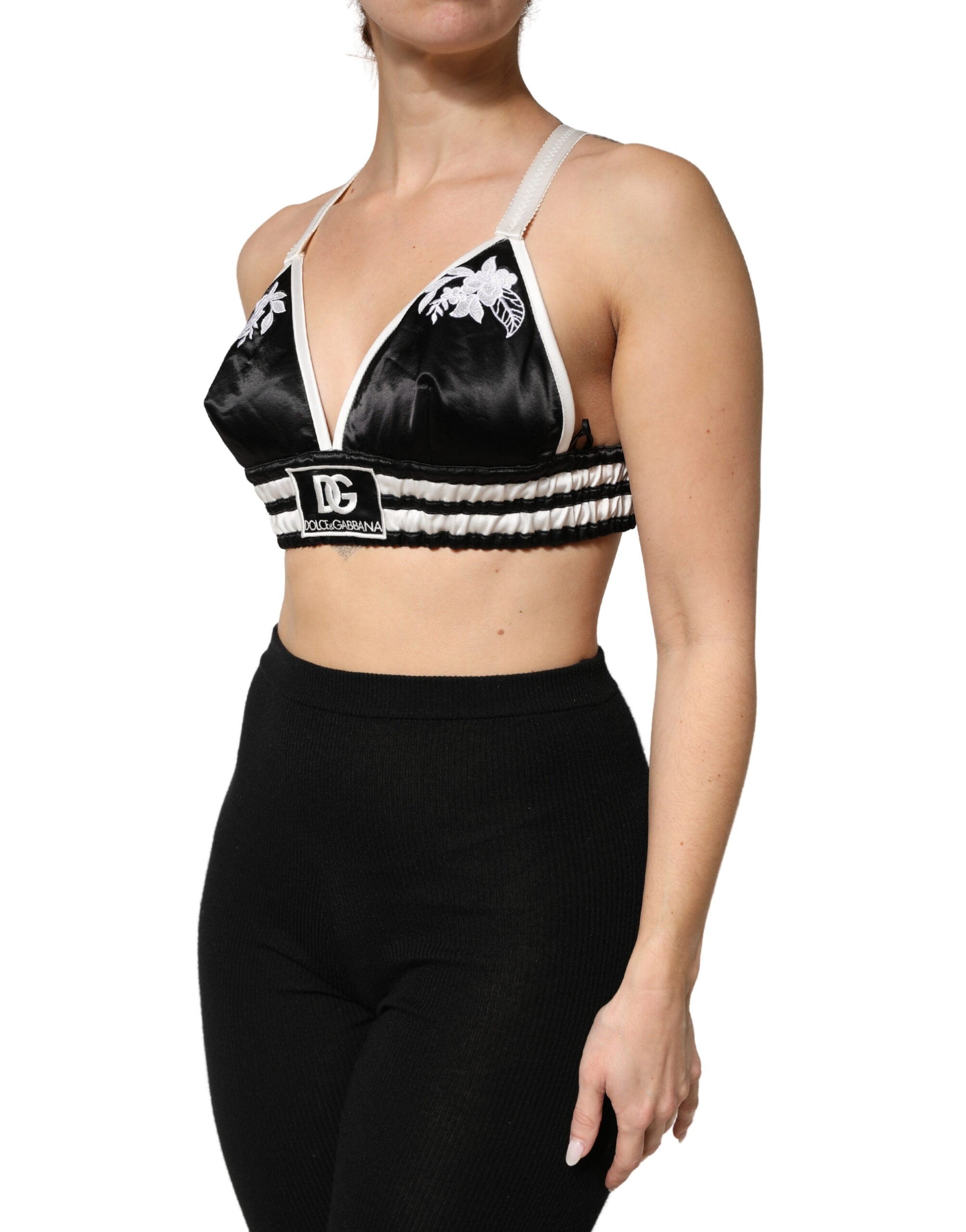 Dolce & Gabbana Schwarzer Crop-Bralette-Top aus Seidensatin mit Blumenmuster und Logo