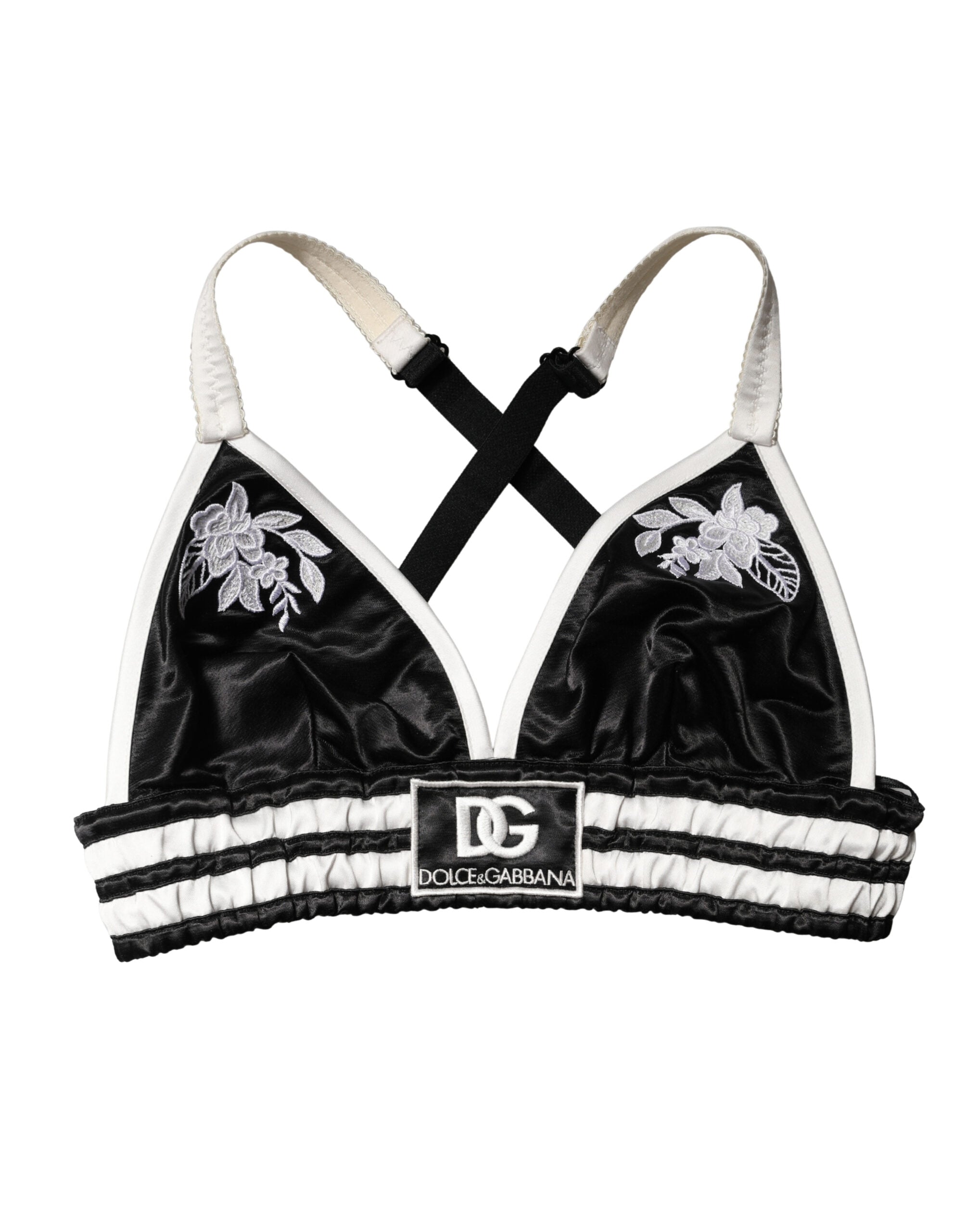 Dolce & Gabbana Schwarzer Crop-Bralette-Top aus Seidensatin mit Blumenmuster und Logo