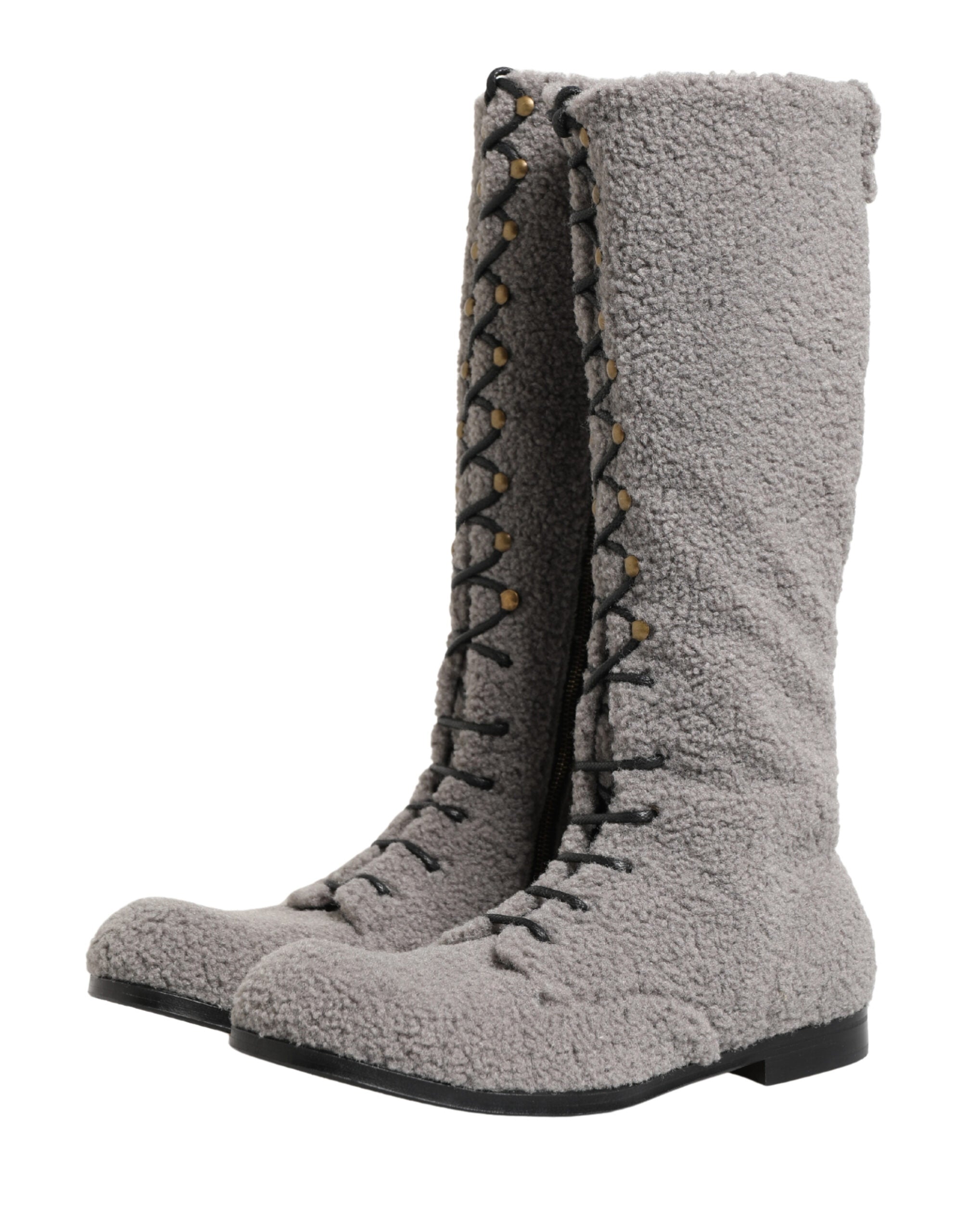 Dolce & Gabbana Graue Shearling Schnürstiefel bis zum Knie