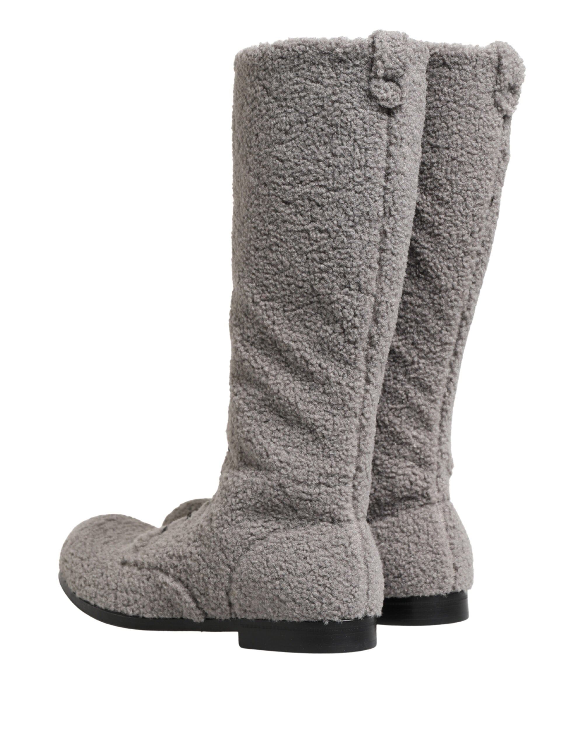 Dolce & Gabbana Graue Shearling Schnürstiefel bis zum Knie