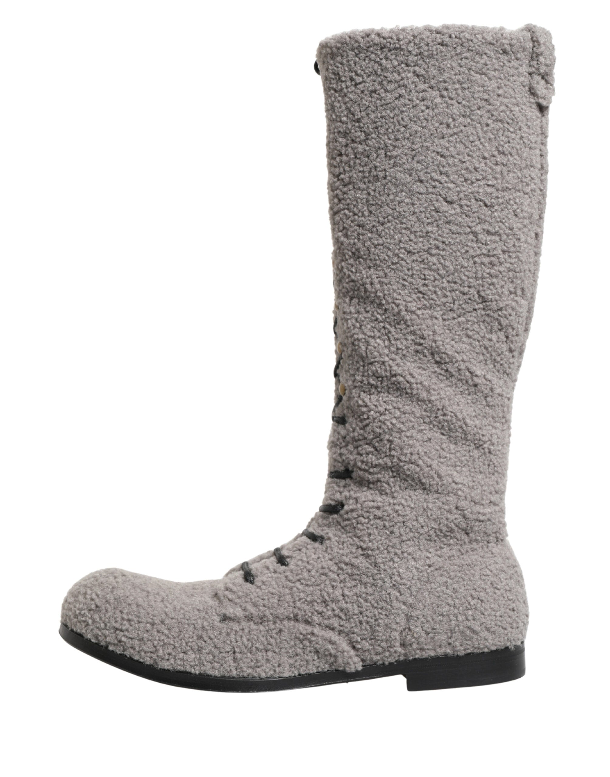 Dolce & Gabbana Graue Shearling Schnürstiefel bis zum Knie