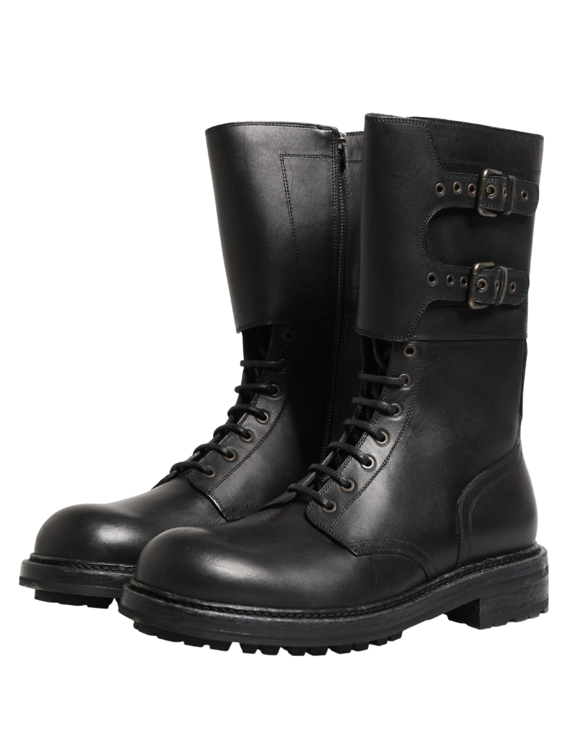 Dolce & Gabbana Schwarze Leder-Schnürstiefel mit Gürtelschnalle