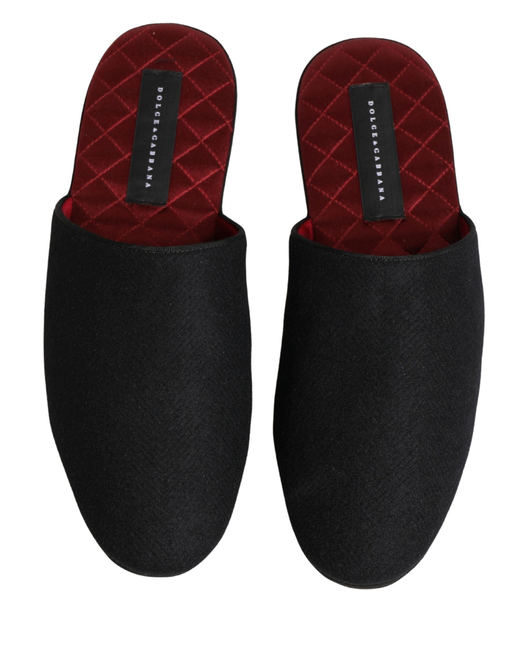 Dolce & Gabbana Schwarze Woll-Kaschmir-Hausschuhe mit roter Steppung